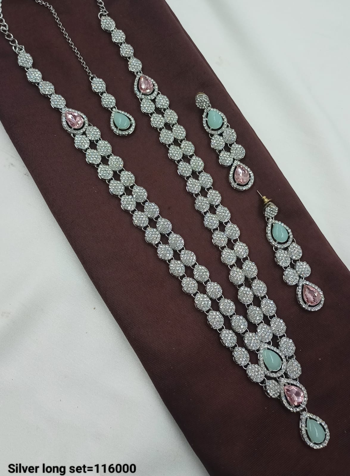 Teardrop Stone & CZ Silver Long Necklace Set