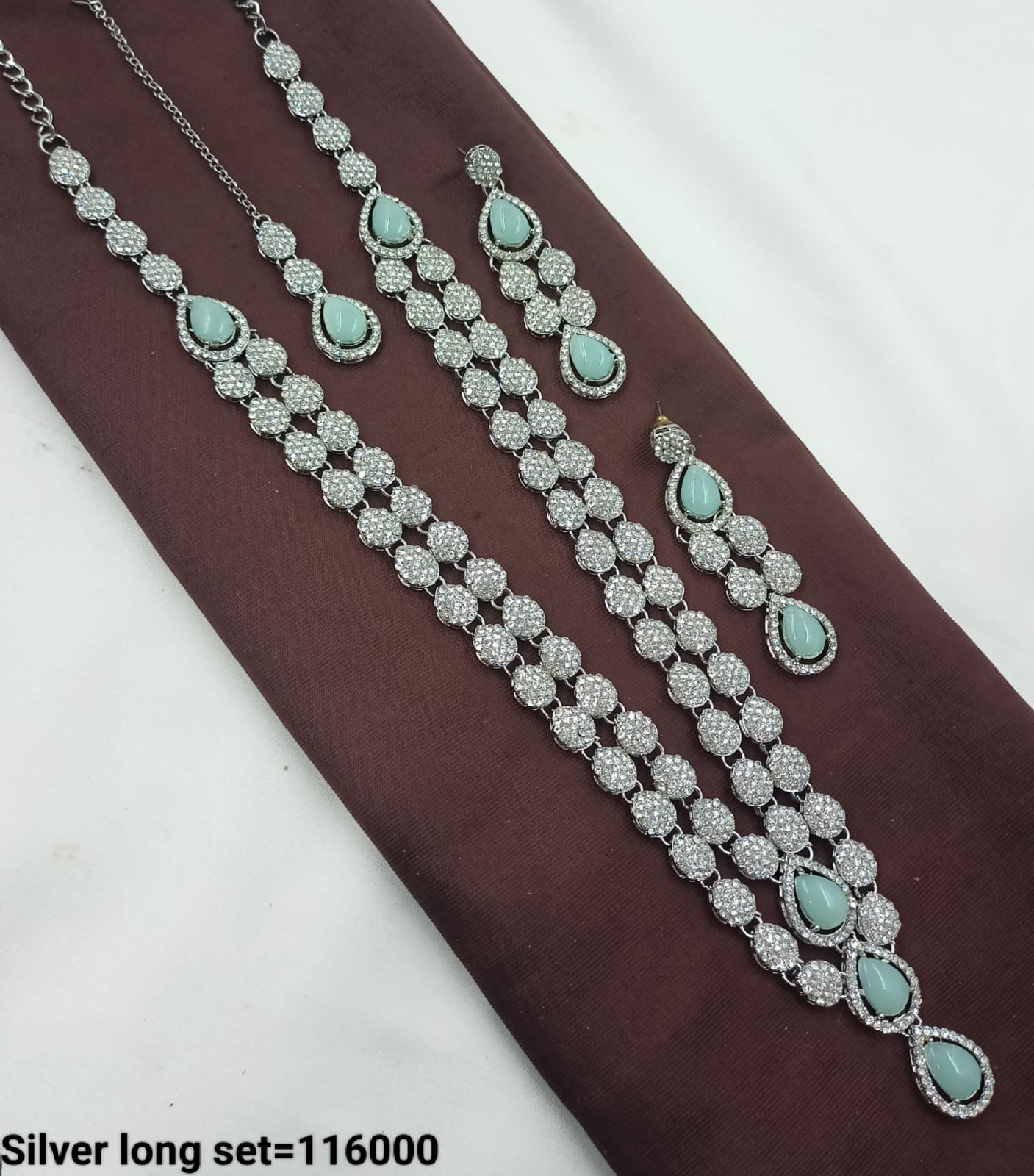 Teardrop Stone & CZ Silver Long Necklace Set