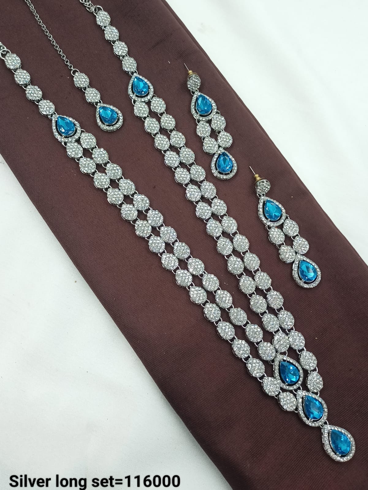 Teardrop Stone & CZ Silver Long Necklace Set