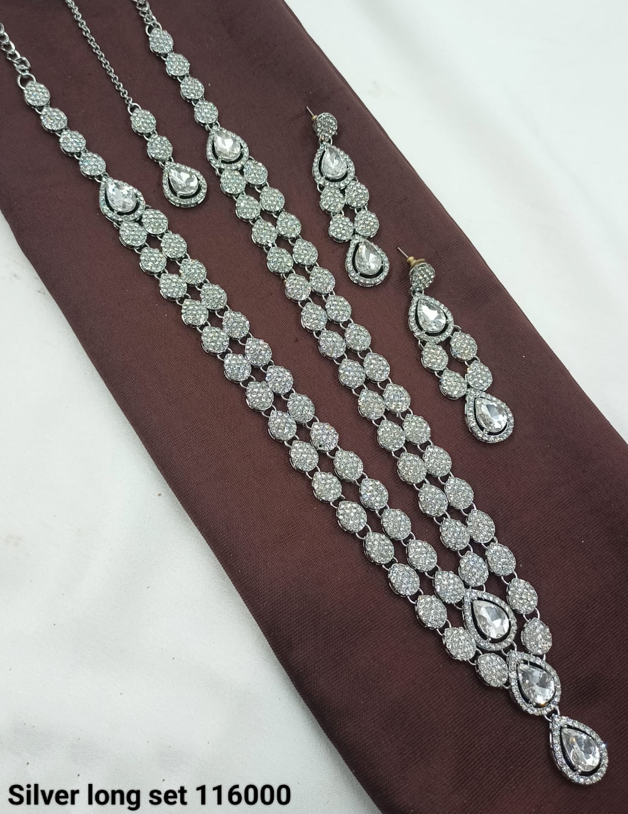 Teardrop Stone & CZ Silver Long Necklace Set