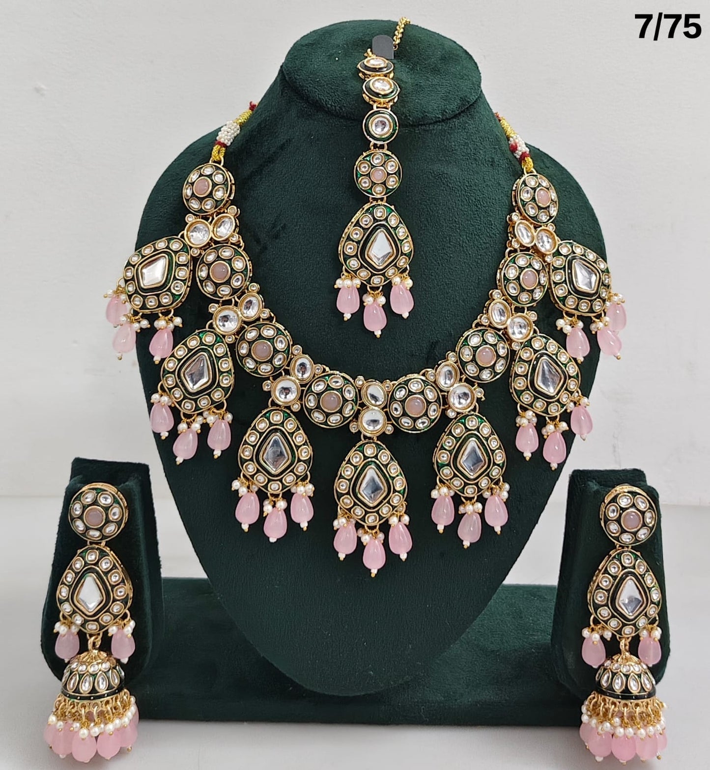 Kundan Stone Necklace Set with Hanging Pearls & Beads – Earrings & Maang Tikka Included