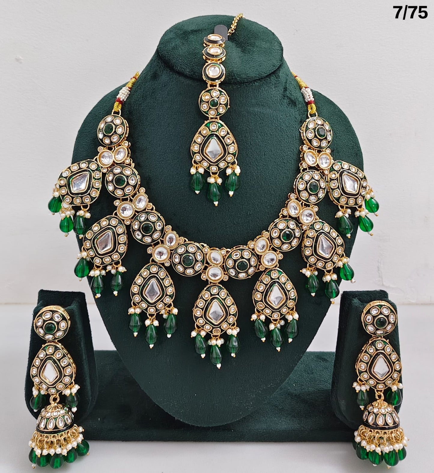 Kundan Stone Necklace Set with Hanging Pearls & Beads – Earrings & Maang Tikka Included
