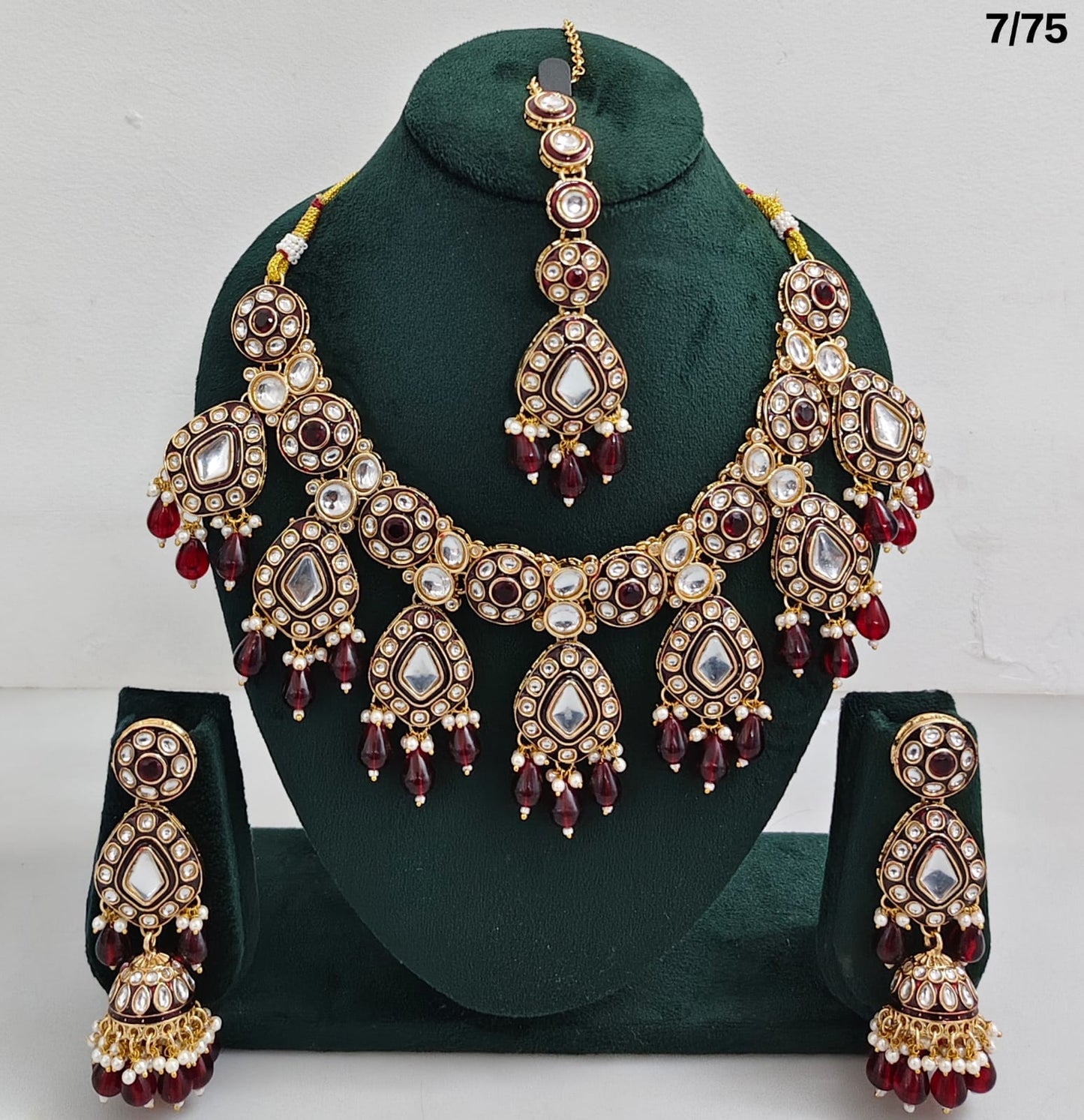 Kundan Stone Necklace Set with Hanging Pearls & Beads – Earrings & Maang Tikka Included