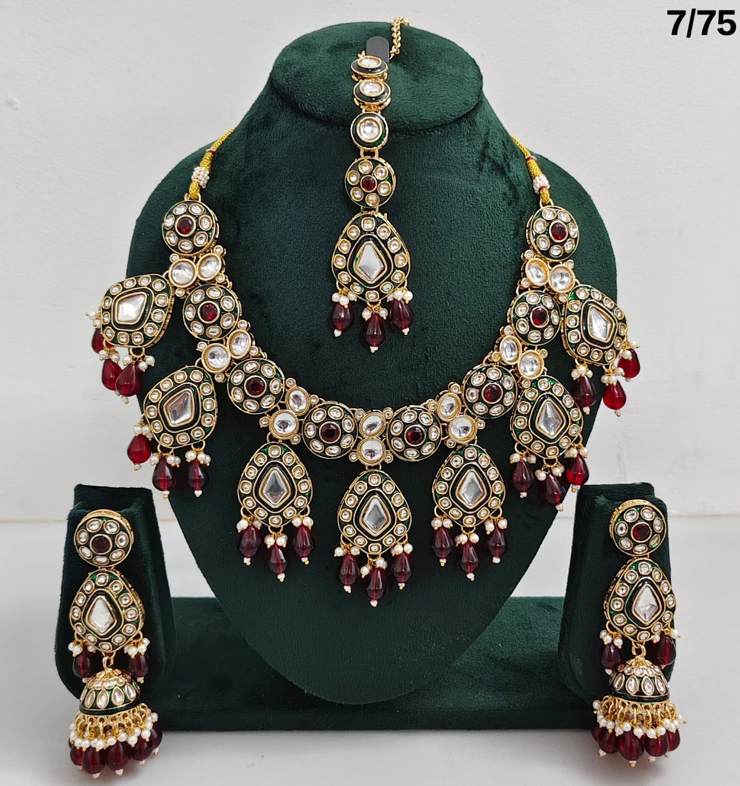 Kundan Stone Necklace Set with Hanging Pearls & Beads – Earrings & Maang Tikka Included