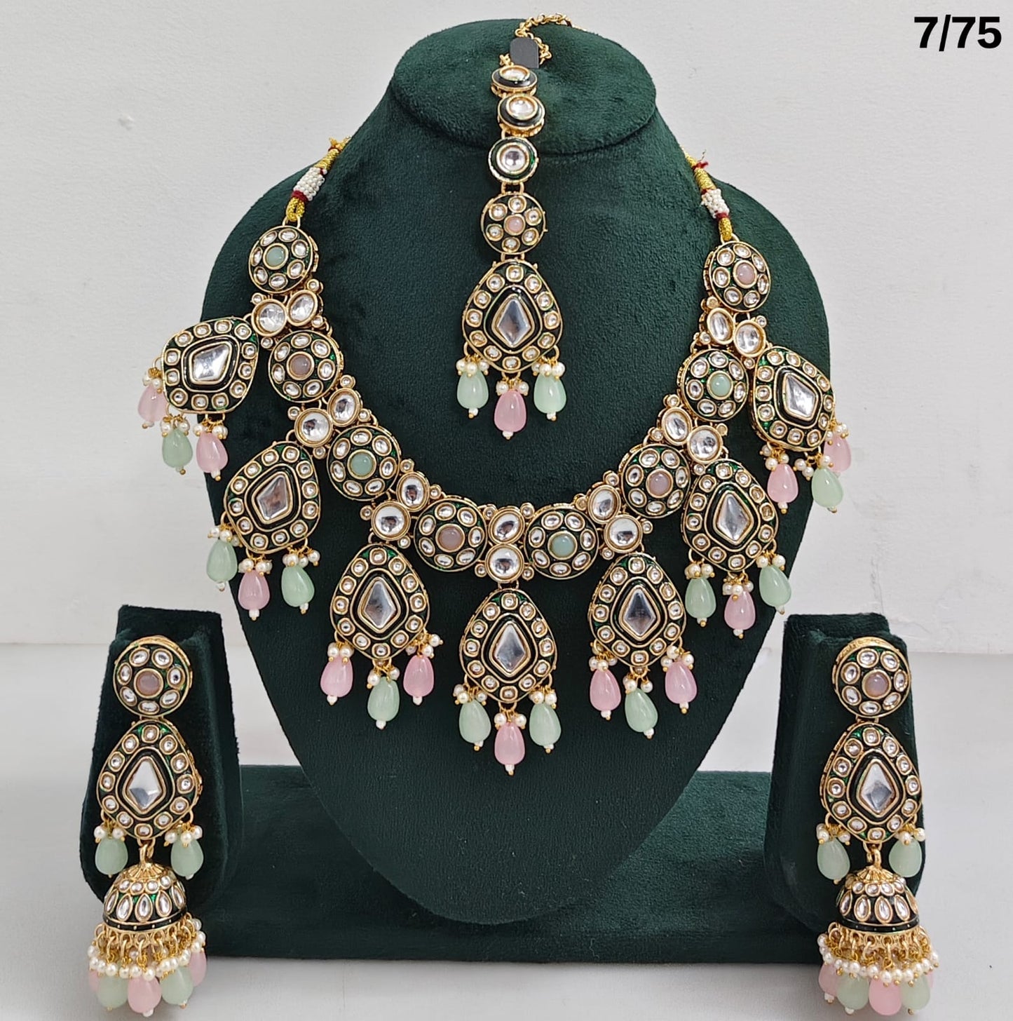 Kundan Stone Necklace Set with Hanging Pearls & Beads – Earrings & Maang Tikka Included