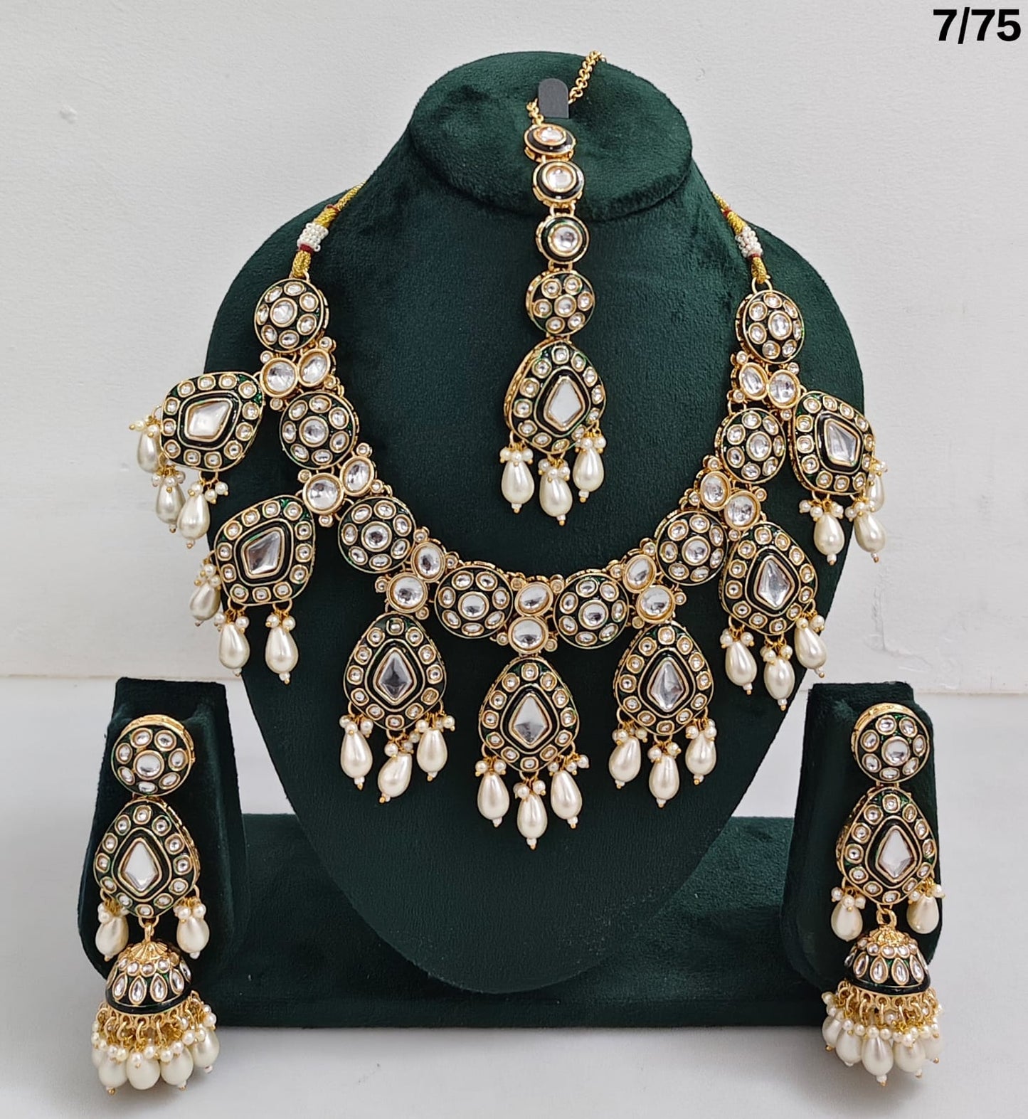 Kundan Stone Necklace Set with Hanging Pearls & Beads – Earrings & Maang Tikka Included