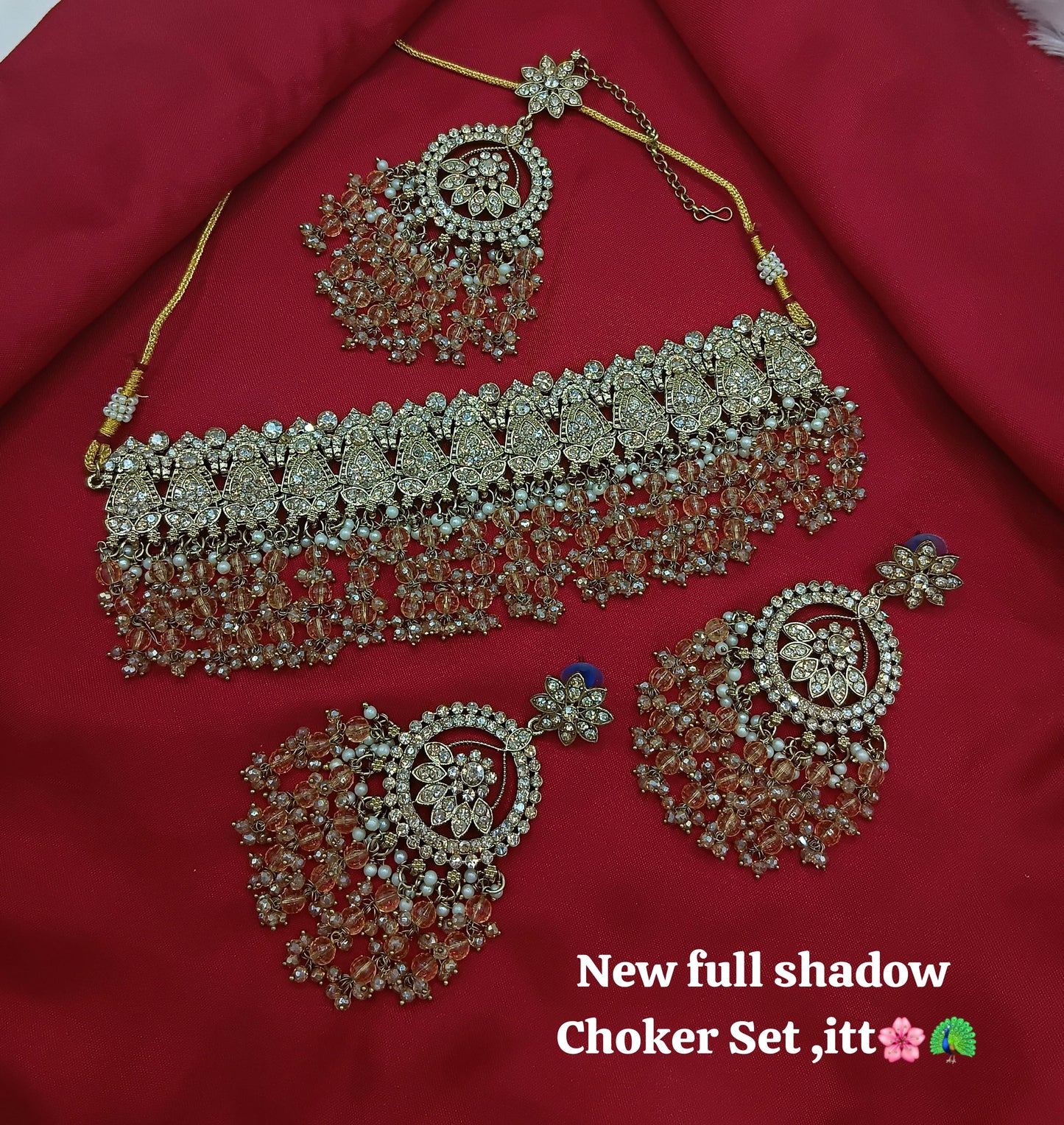 Floral Motif Full Shadow Choker Necklace Set with Matching Earrings