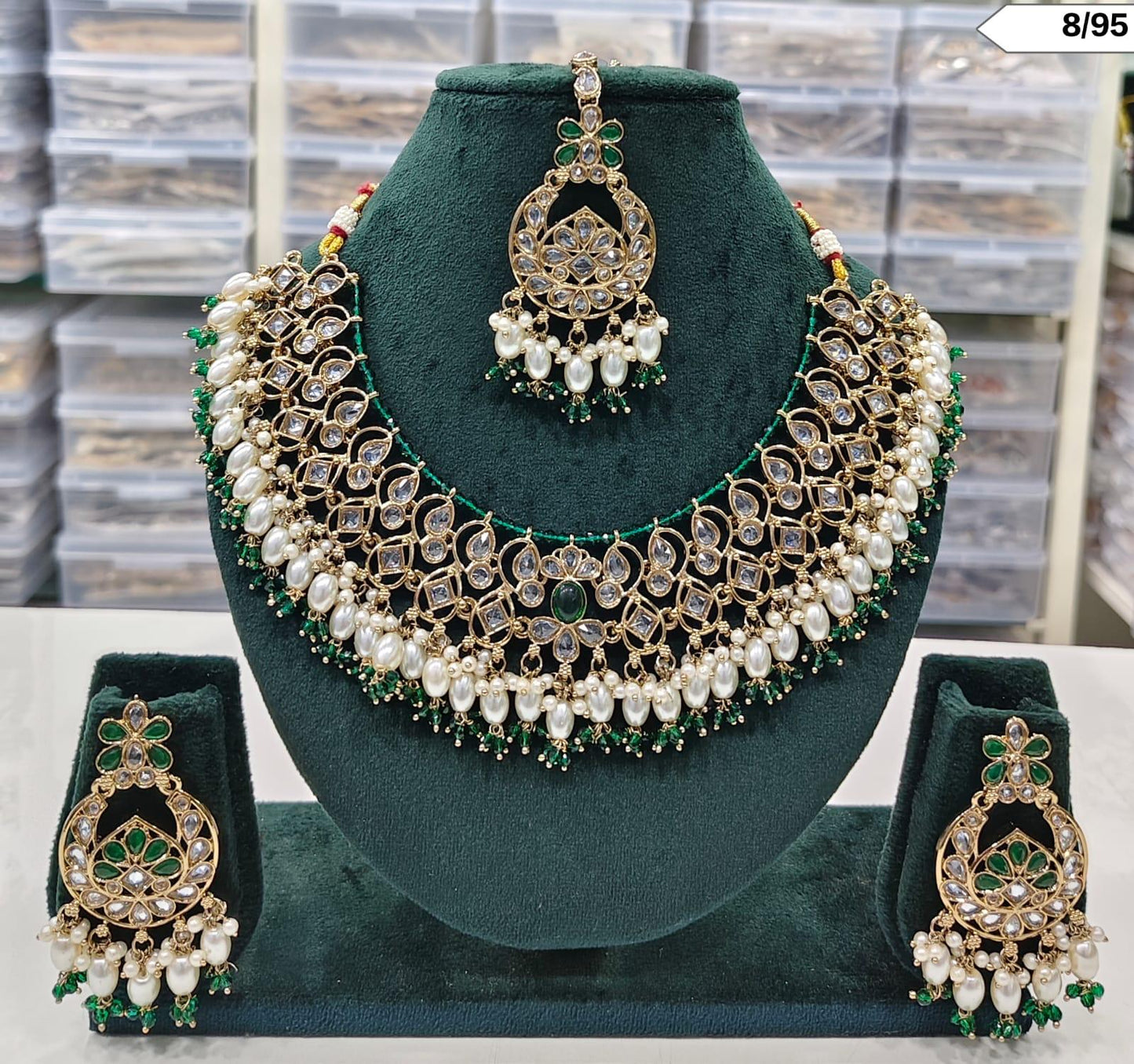 CZ Pearl Choker Necklace Set with Matching Earrings and Maang Tikka – Bridal & Ethnic Jewellery