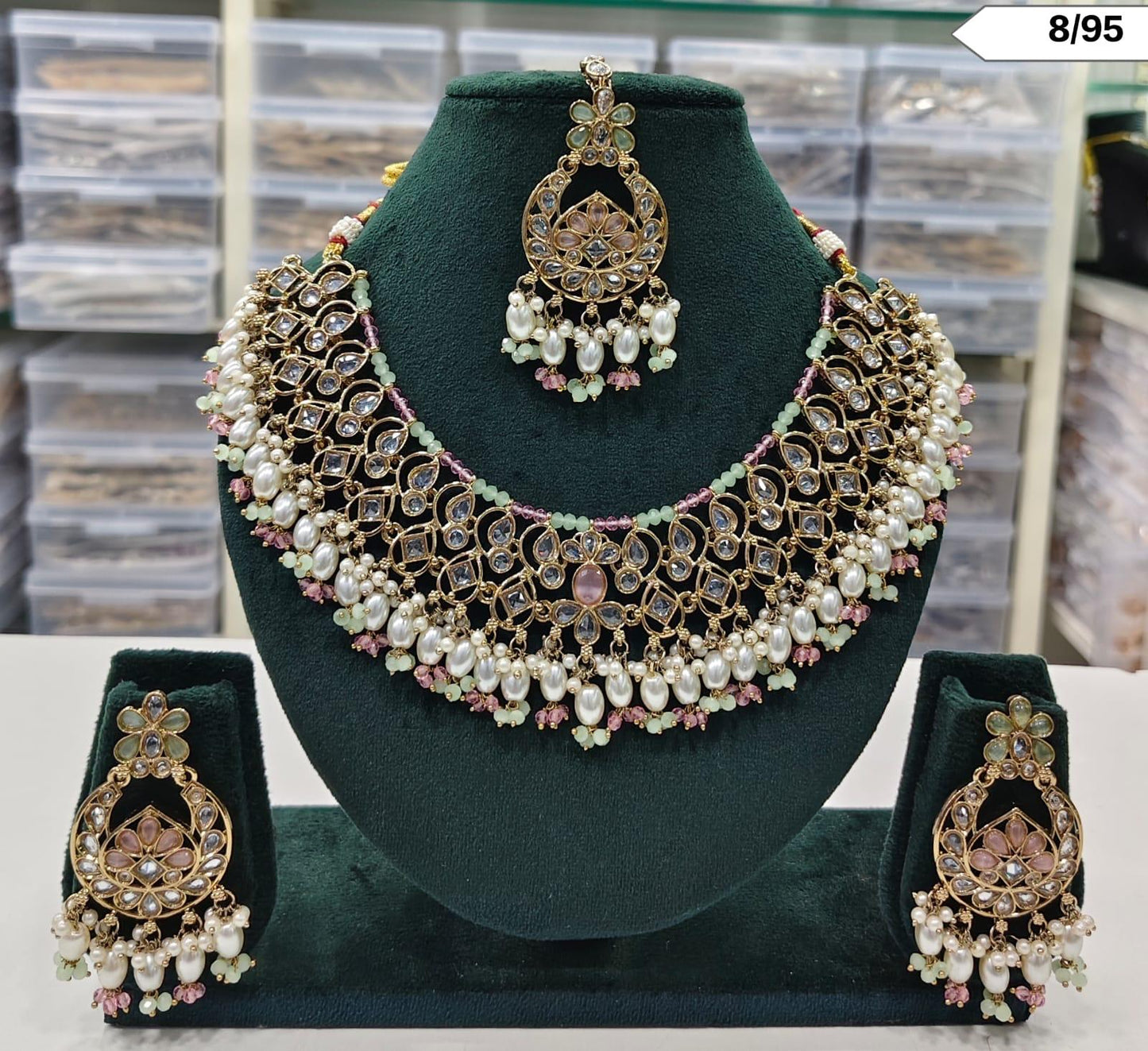 CZ Pearl Choker Necklace Set with Matching Earrings and Maang Tikka – Bridal & Ethnic Jewellery
