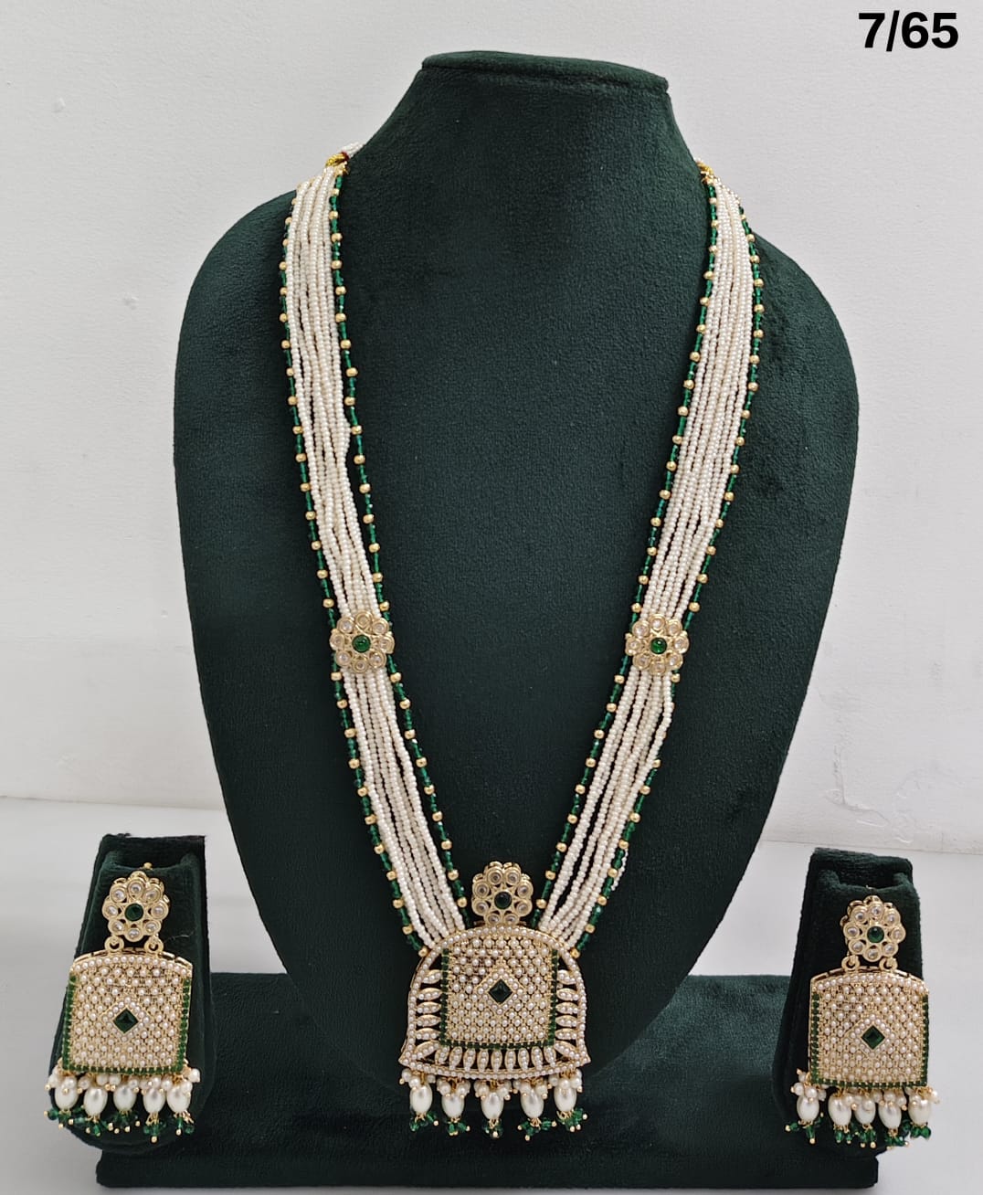 Pearl Beaded Long Necklace Set with CZ Pendant and Matching Earrings – Traditional Ethnic Jewellery