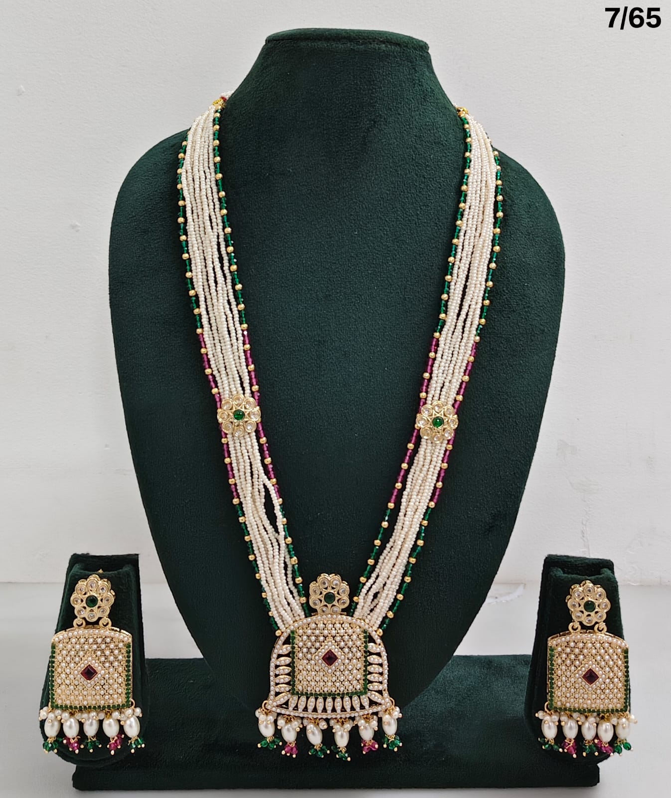 Pearl Beaded Long Necklace Set with CZ Pendant and Matching Earrings – Traditional Ethnic Jewellery