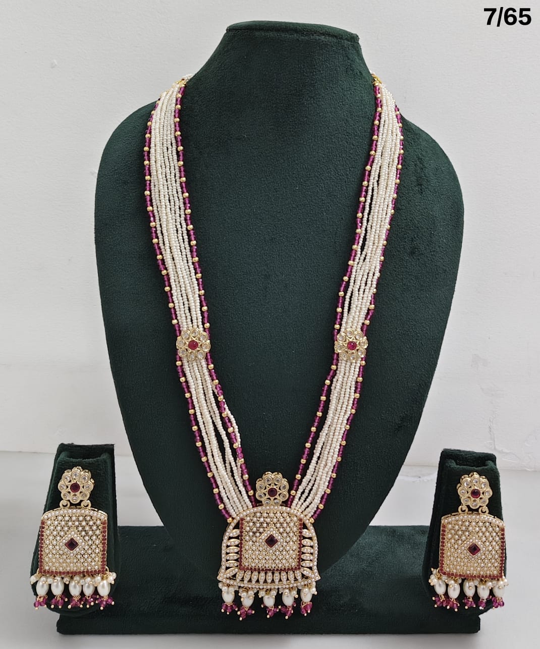 Pearl Beaded Long Necklace Set with CZ Pendant and Matching Earrings – Traditional Ethnic Jewellery