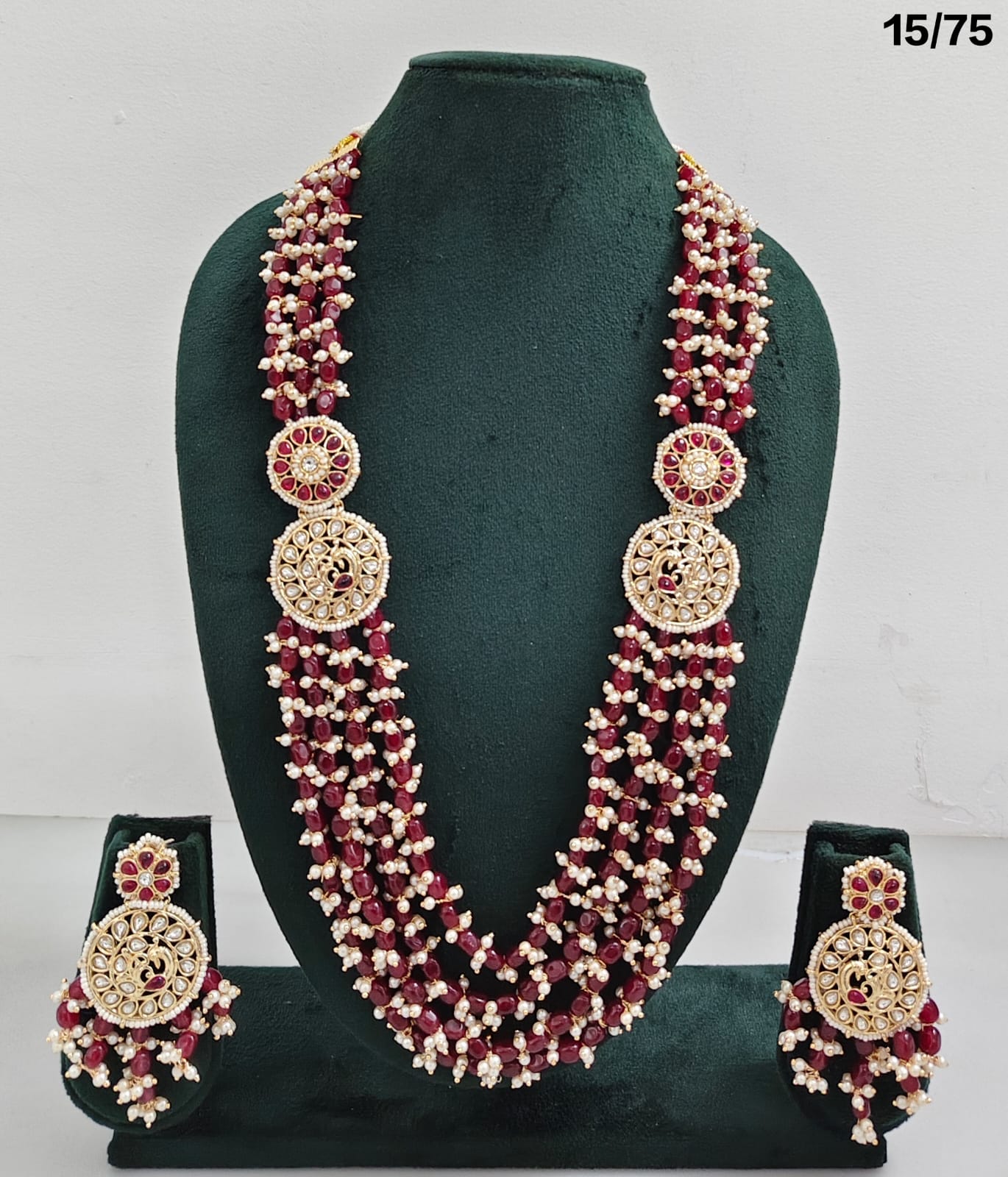 Multi-Layer Beaded Necklace Set with CZ Round Pendants and Matching Earrings – Bridal & Ethnic Jewellery