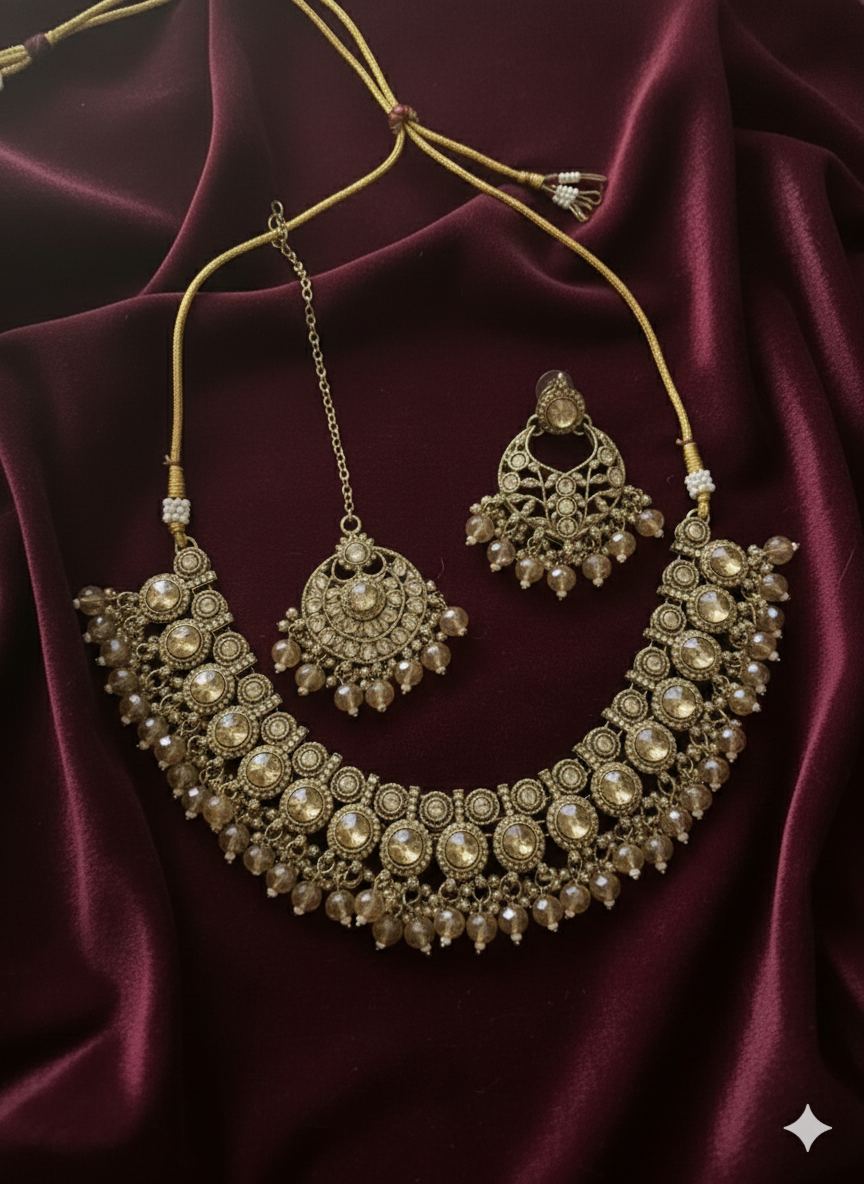 Traditional Indian Pearl Jewelry Set - Choker, Jhumka Earrings, and Maang Tikka