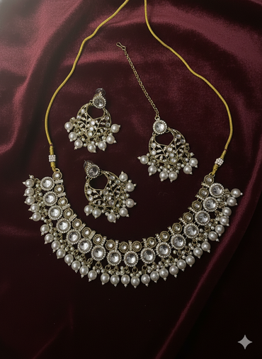 Traditional Indian Pearl Jewelry Set - Choker, Jhumka Earrings, and Maang Tikka