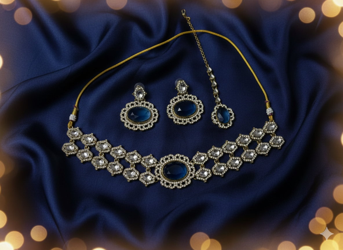 Antique Gold Plated Cz Ston Choker Necklece Set with Matching Earring and Maang Tikka
