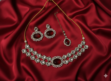 Antique Gold Plated Cz Ston Choker Necklece Set with Matching Earring and Maang Tikka
