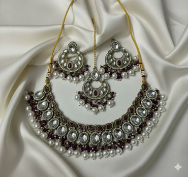 Traditional Antique Gold Finish Choker Necklace Set with Pearl Drop Earrings and Mangtika