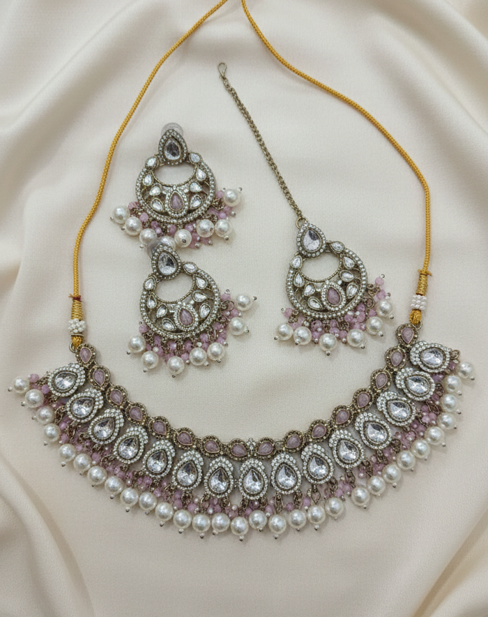 Traditional Gold Finish Choker Jewellery Set Necklace, Earrings & Maang Tikka Pearl Drops For Woman