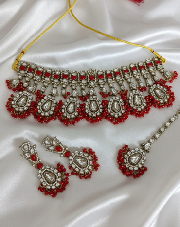Antique Choker Necklace Set Pearl Drops Necklace Matching Earring & Maang Tikka For Women