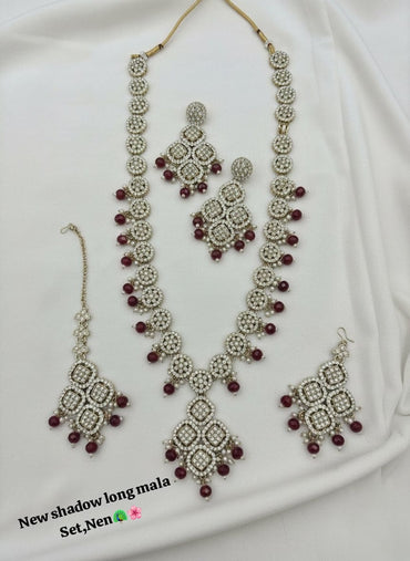 Emerald Green Gold Plated Bridal Jewelry Long Necklace With Earring Set For Woman