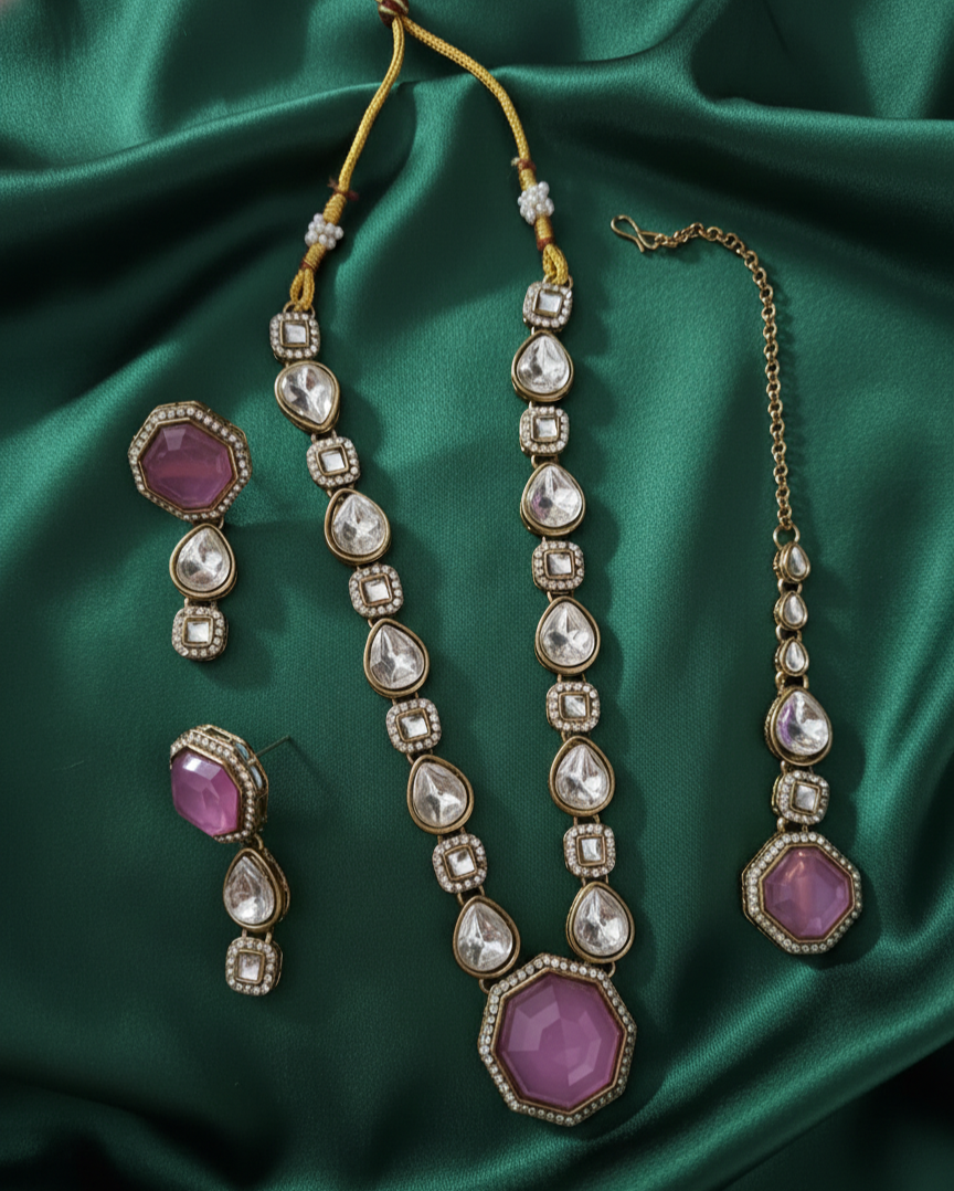 Deep Maroon Kundan Necklace Set with Earring