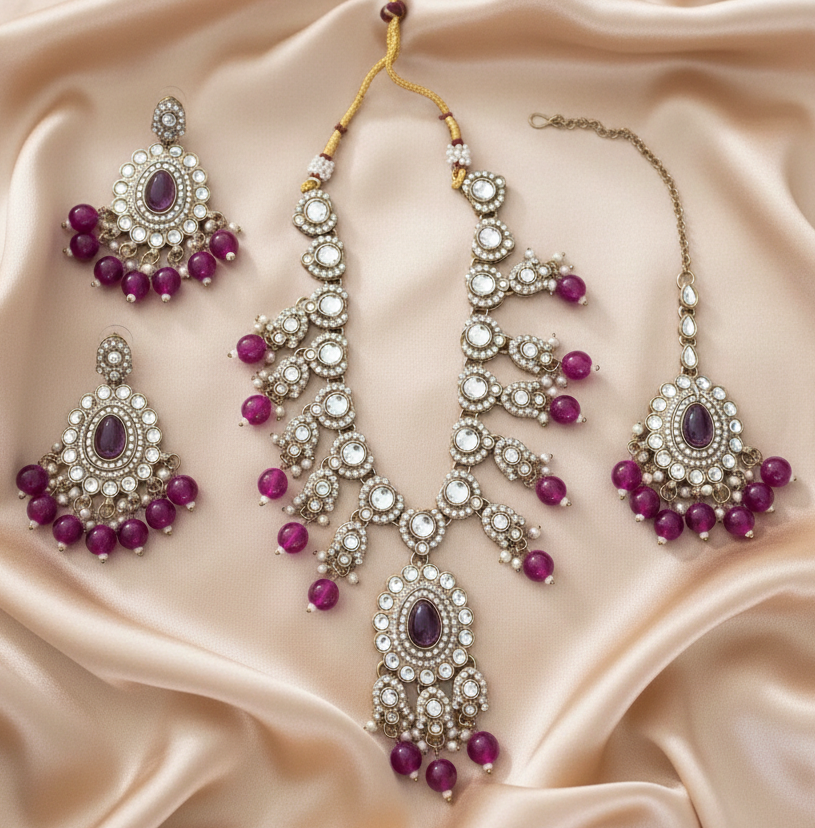 Lavender Lilac Kundan Necklace Set with Frosted Bead Droplets