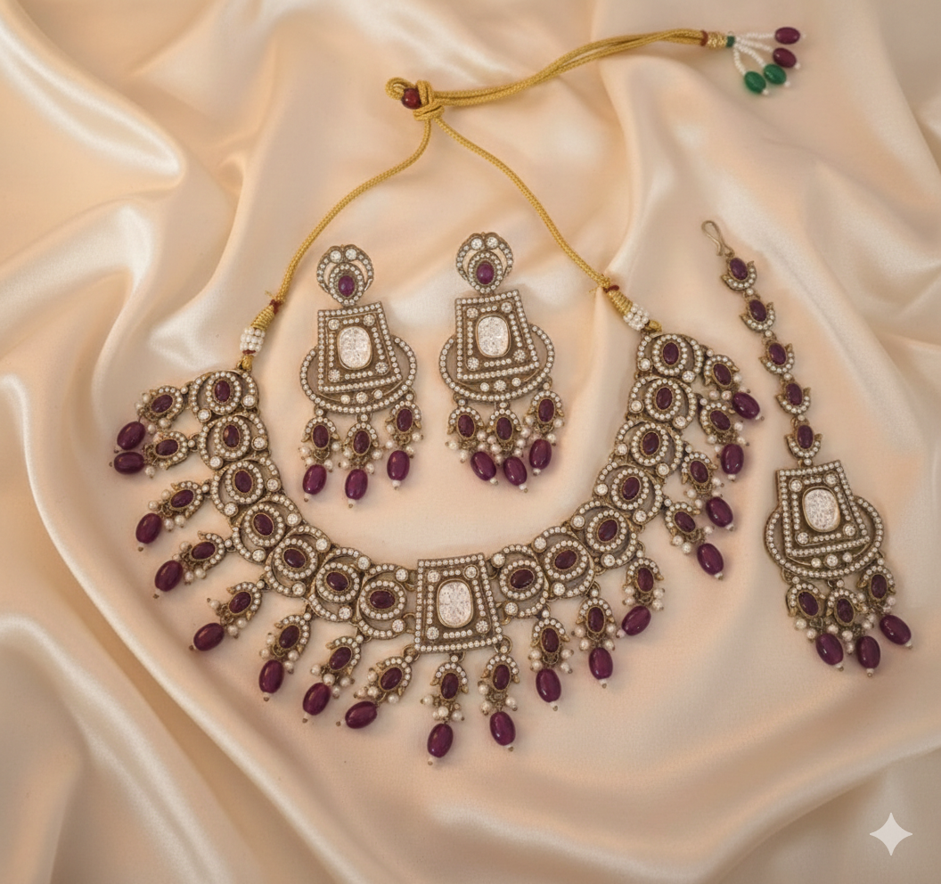 Rose Petal Pink Choker Necklace Set with Earrings