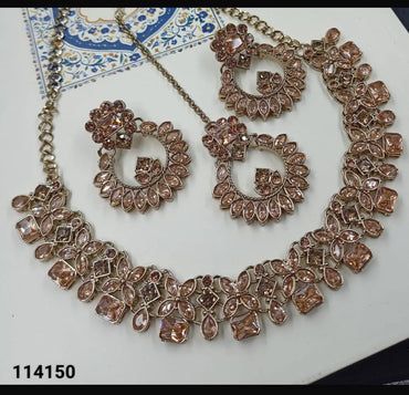 Baby Pink & Gold Floral Necklace Set with Chandbali Studs