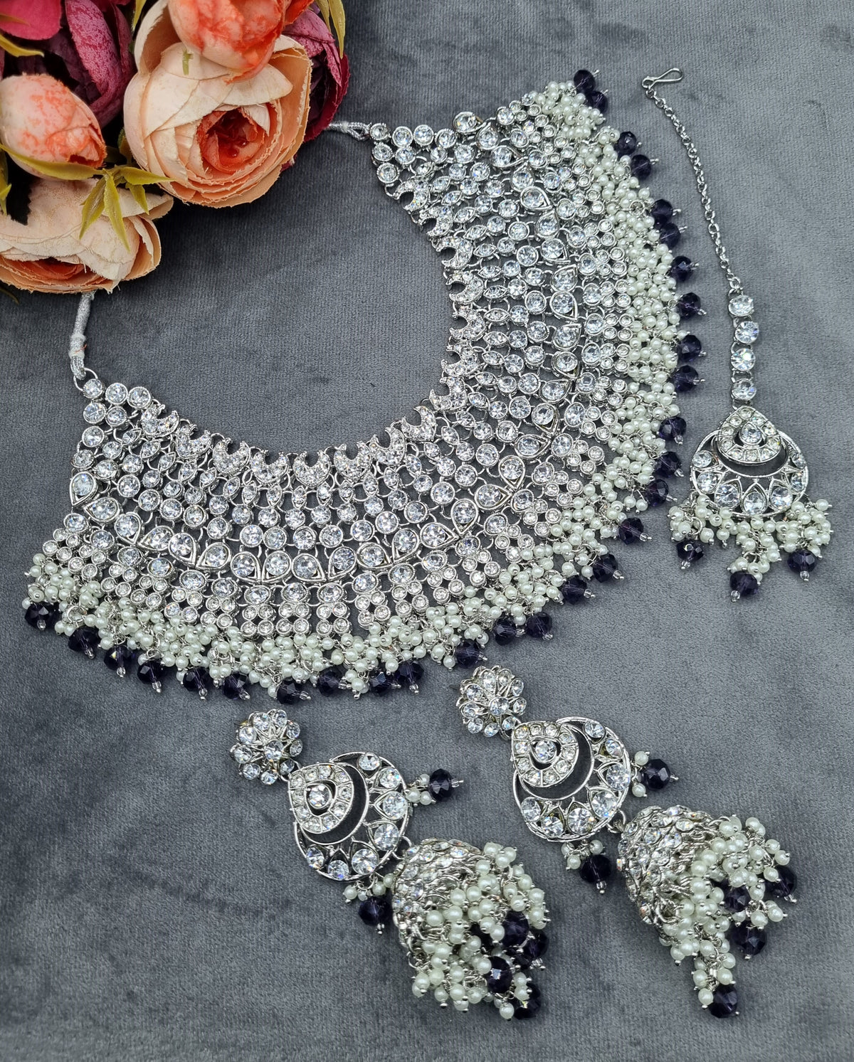 Bridal Silver-Tone Rhinestone & Pearl Choker Set with Earrings & Maang Tikka