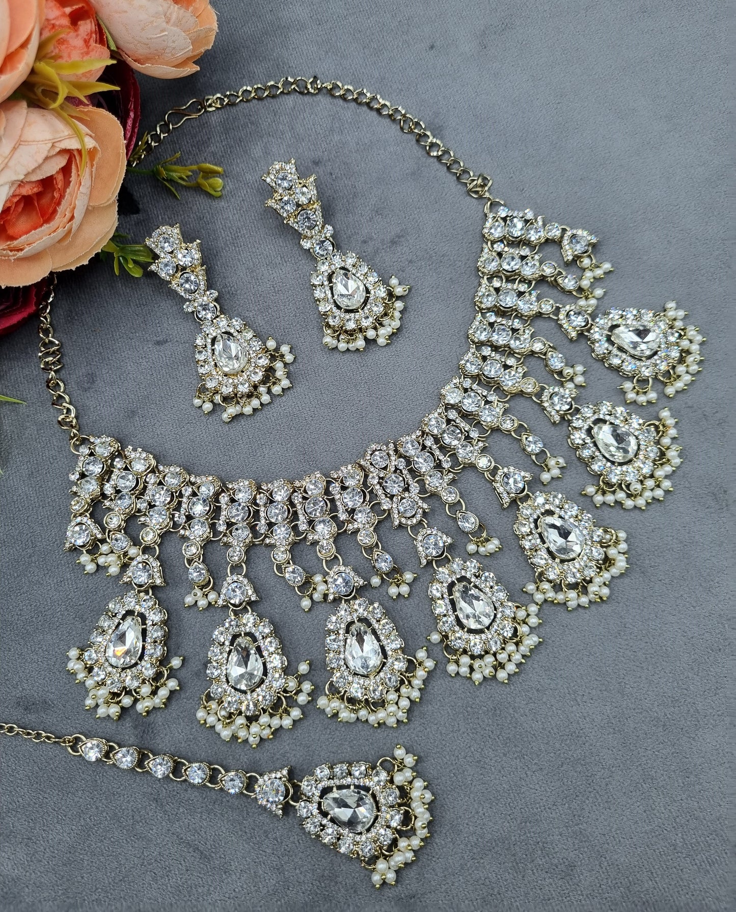 Antique Gold Crystal Teardrop Jewelry Set