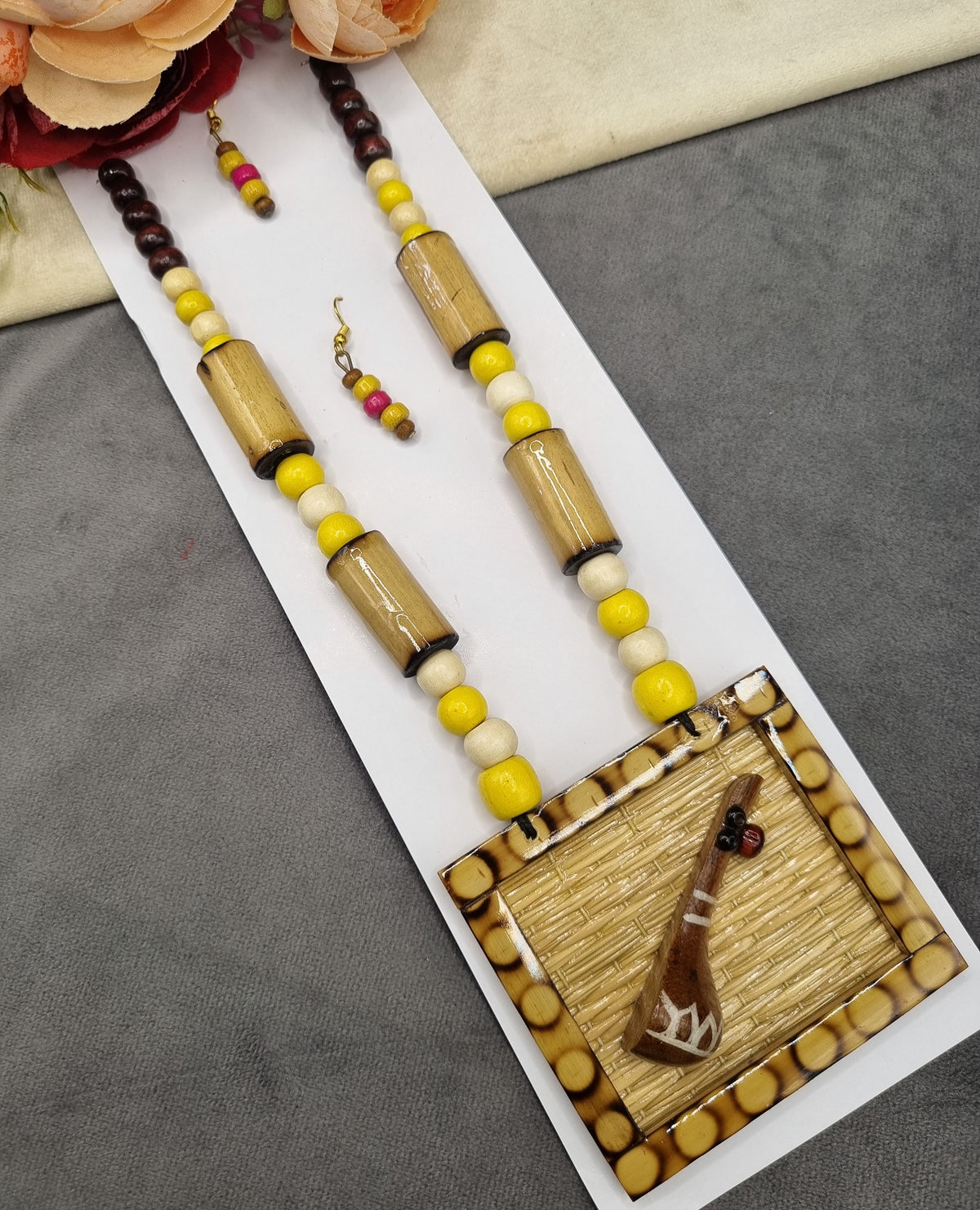 Handcrafted Wooden & Bamboo Ektara Pendant Necklace Set with Earrings