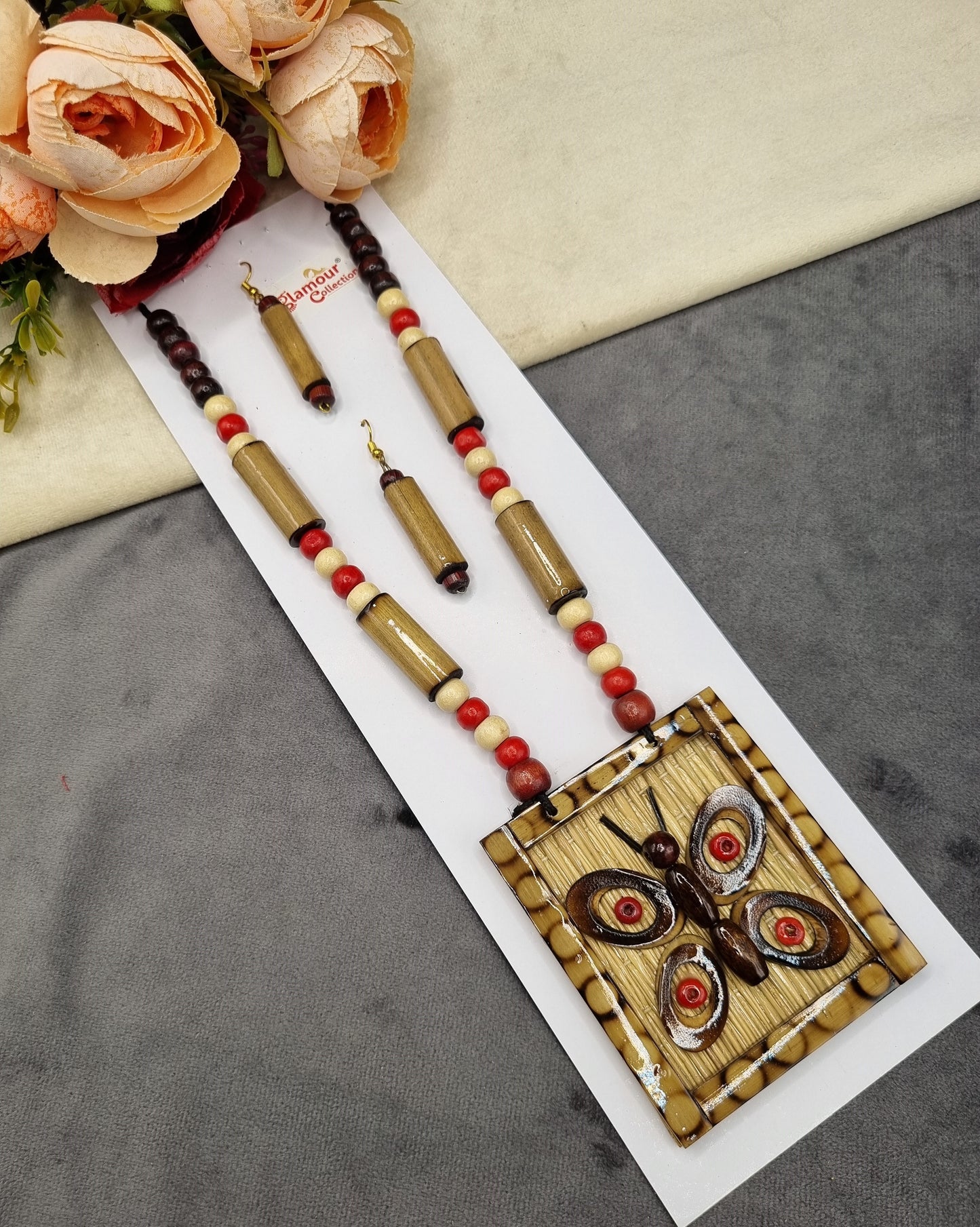 Handcrafted Bamboo & Wooden Butterfly Pendant Necklace Set with Earrings