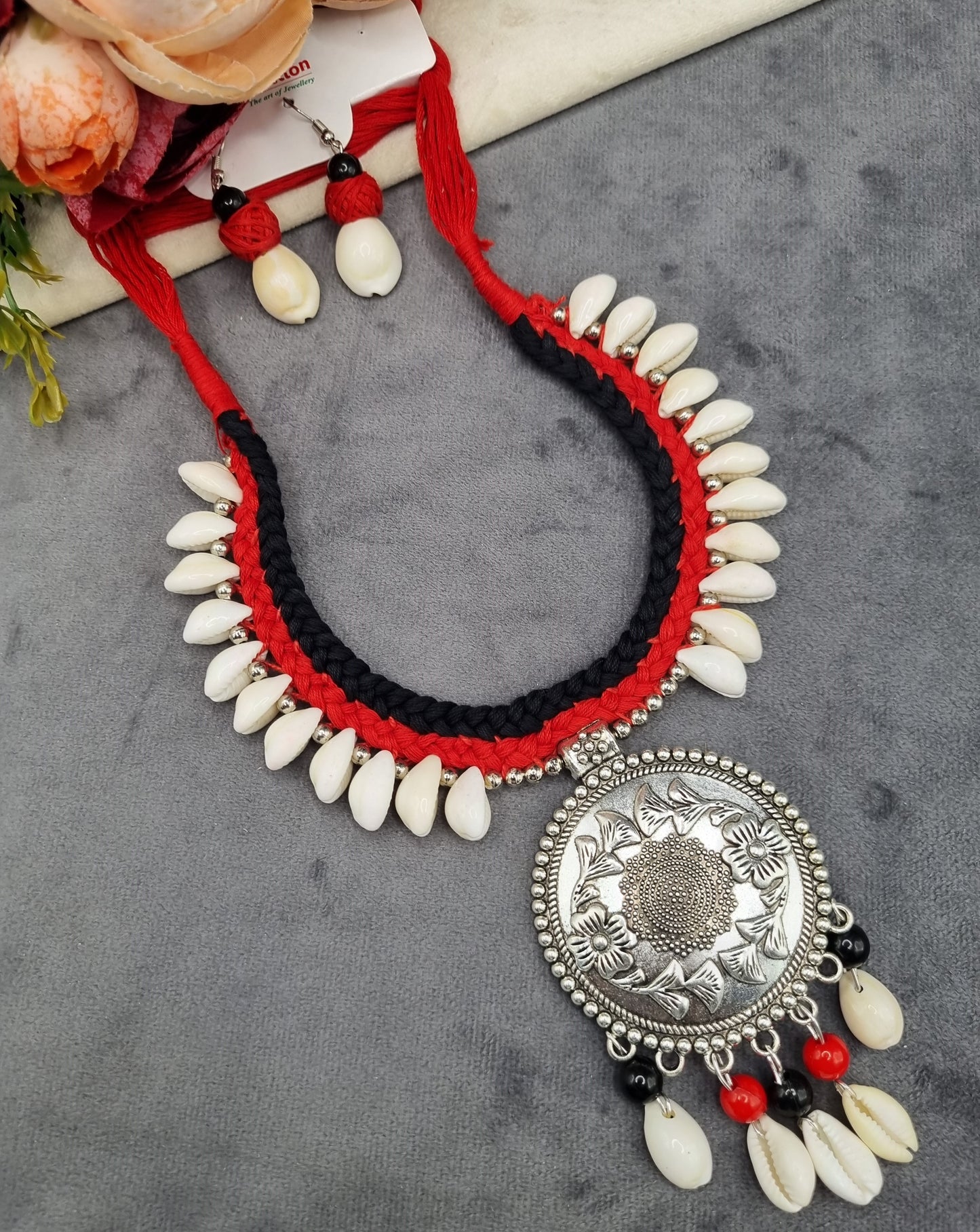 Handcrafted Oxidized Medallion & Cowrie Shell Necklace Set