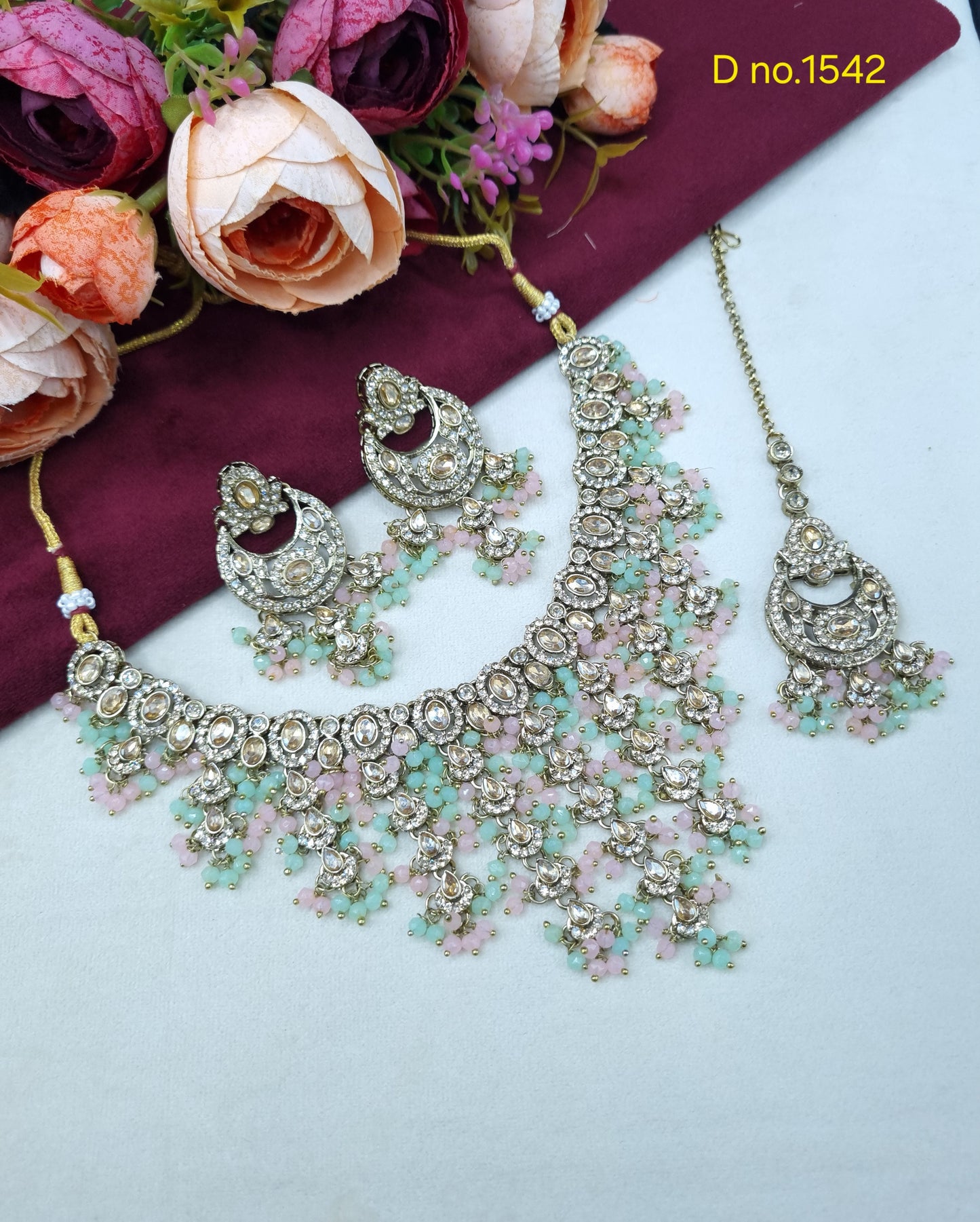 Tiered Beaded Crystal Bridal Necklace Set with Earrings & Maang Tikka