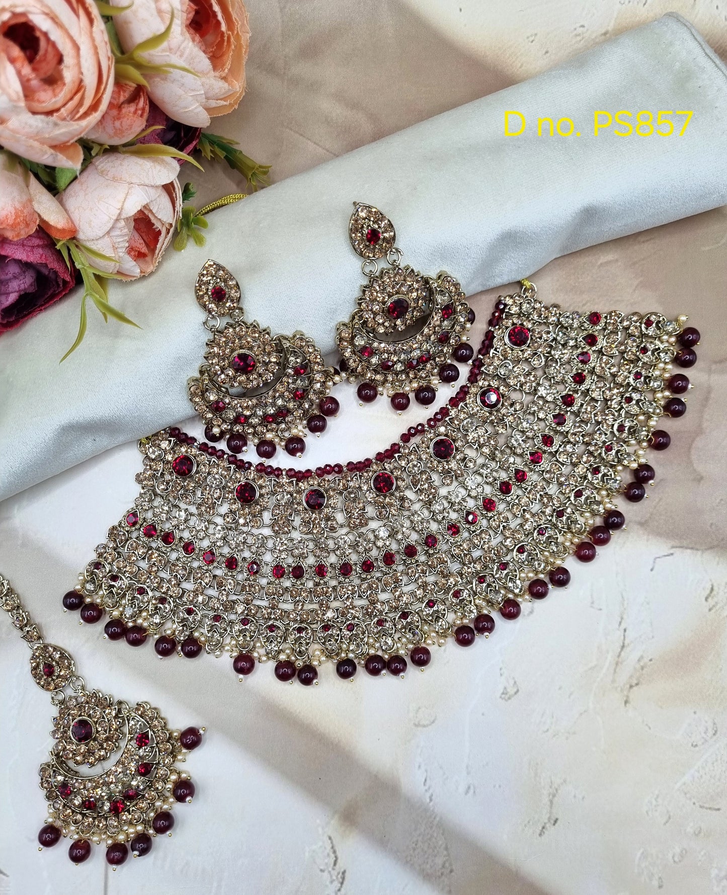 Antique Gold-Tone CZ Heavy Bridal Choker Necklace Set with Chaandbali Earrings and Maang Tikka