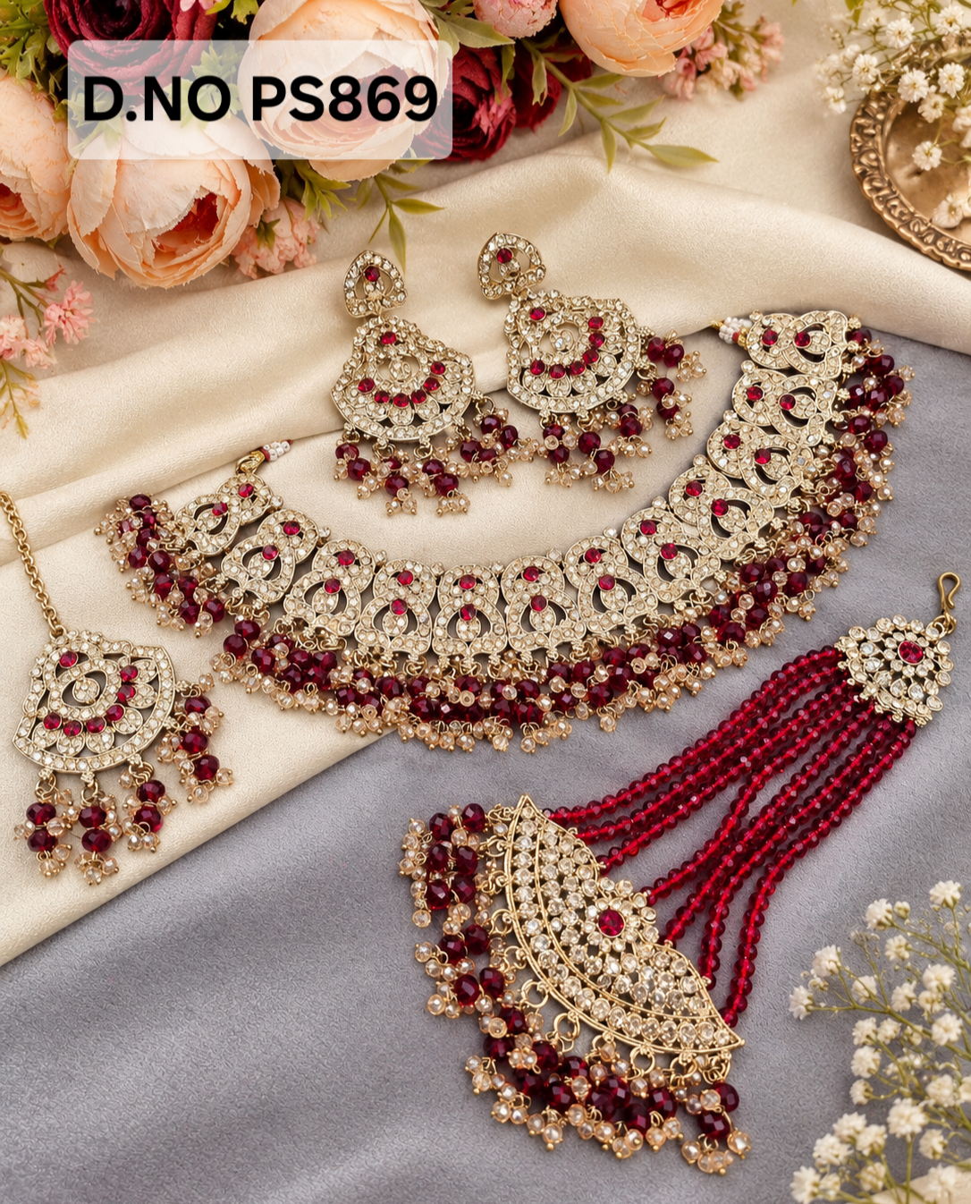 Antique Gold-Finish Bridal Choker Necklace Set with Earrings, Maang Tikka & Passa