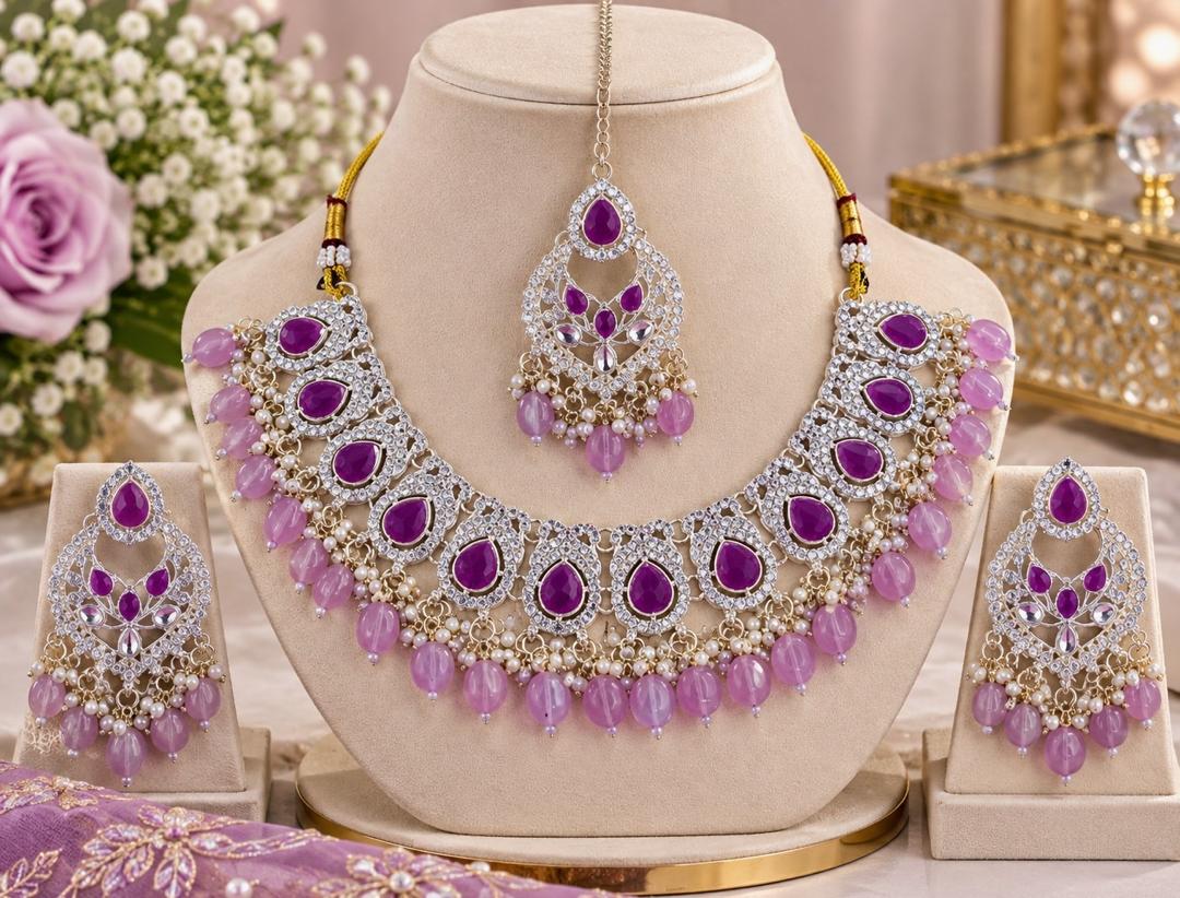 Handcrafted CZ Crystal Choker Set with Matching Earrings and Tikka