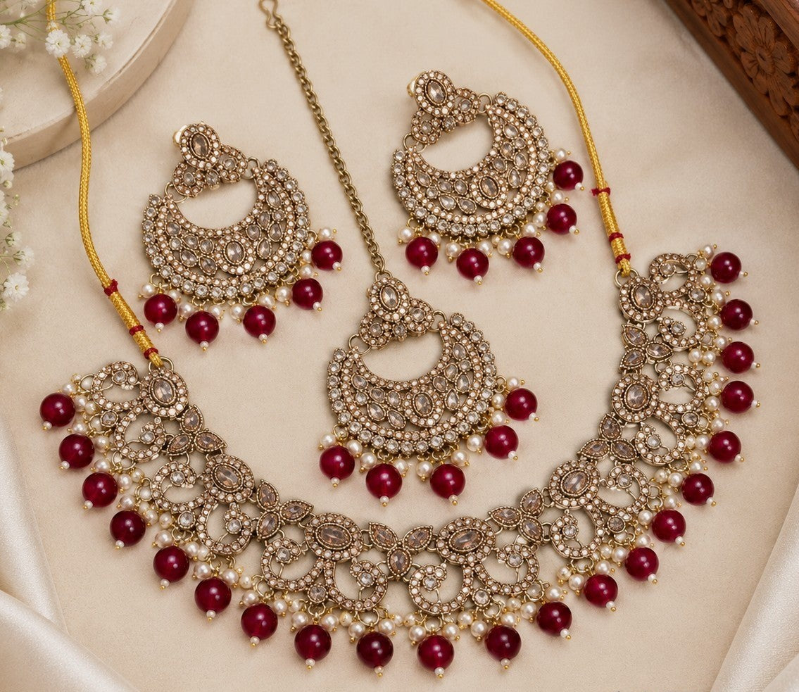 Antique Gold Cubic Zirconia Choker Set with Earrings & Maang Tikka