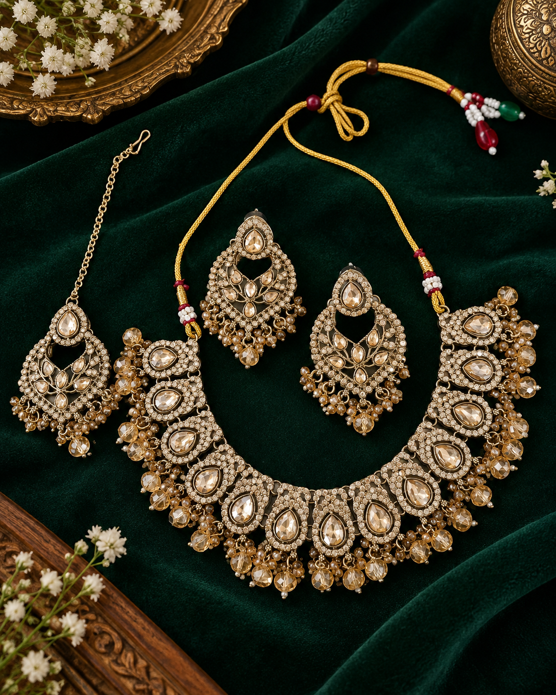 Teardrop Stone Choker Necklace Set with Earrings & Tikka