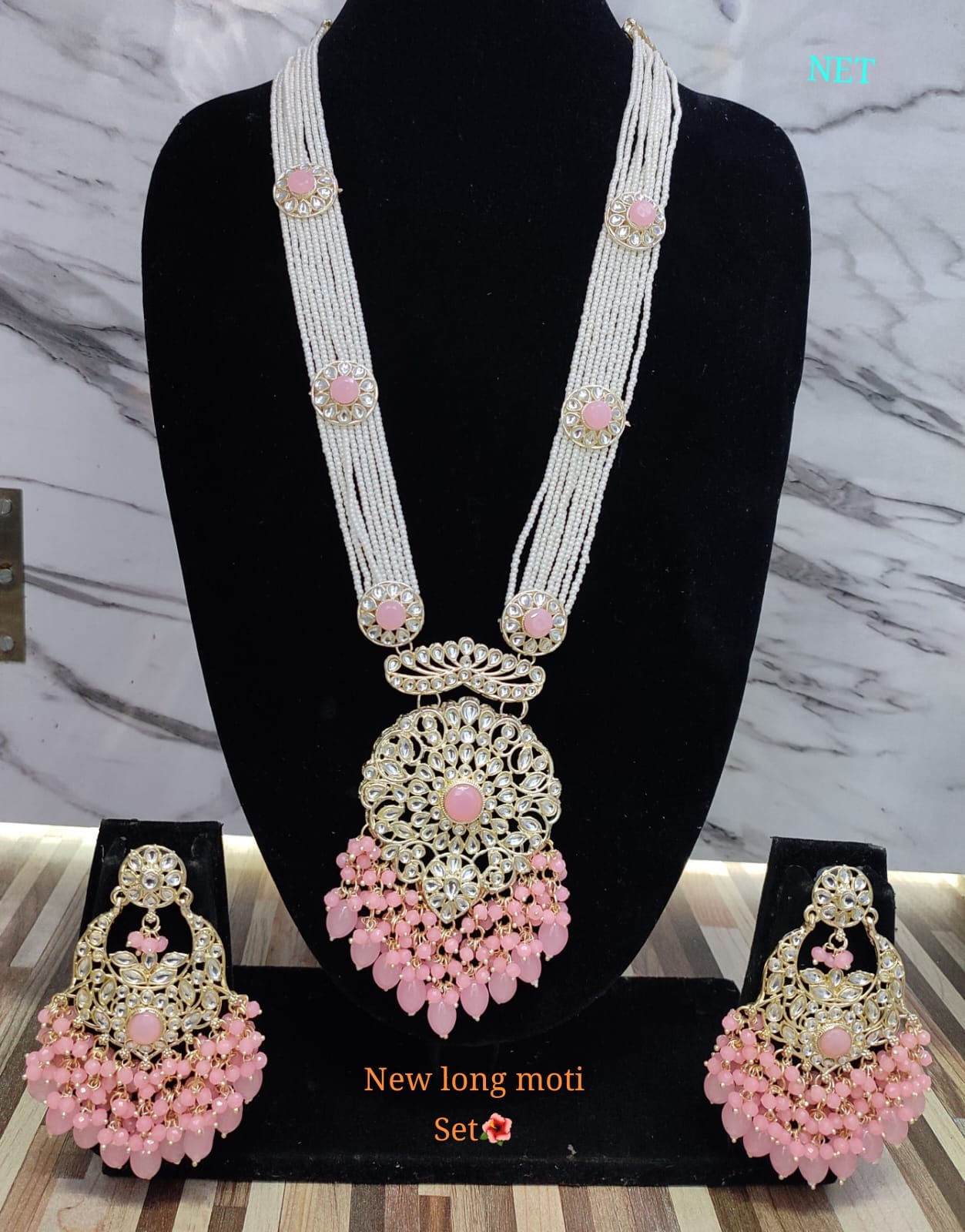 Gold Plated CZ Stone Long Necklace Jewellery Set