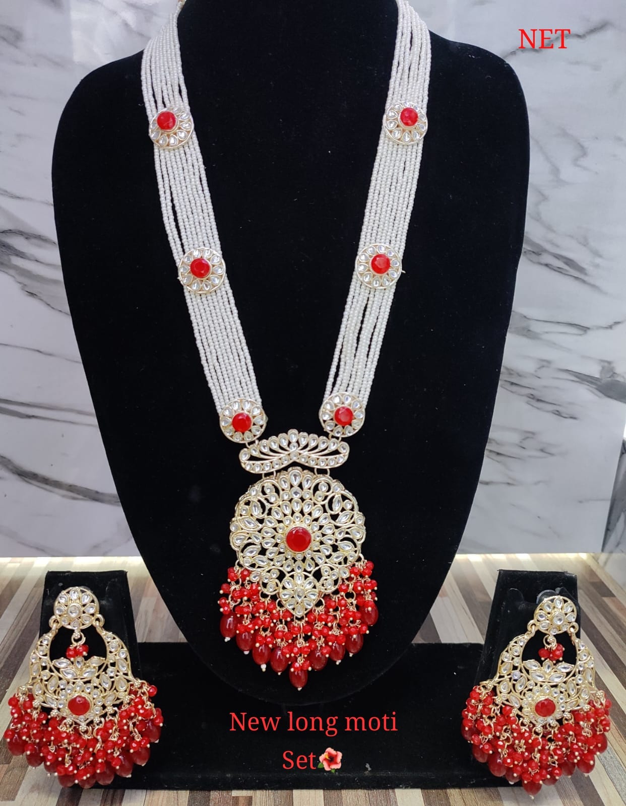 Gold Plated CZ Stone Long Necklace Jewellery Set