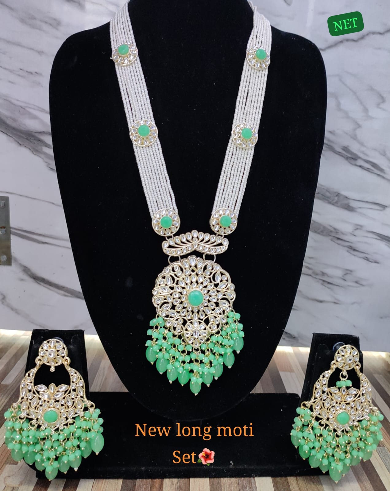 Gold Plated CZ Stone Long Necklace Jewellery Set