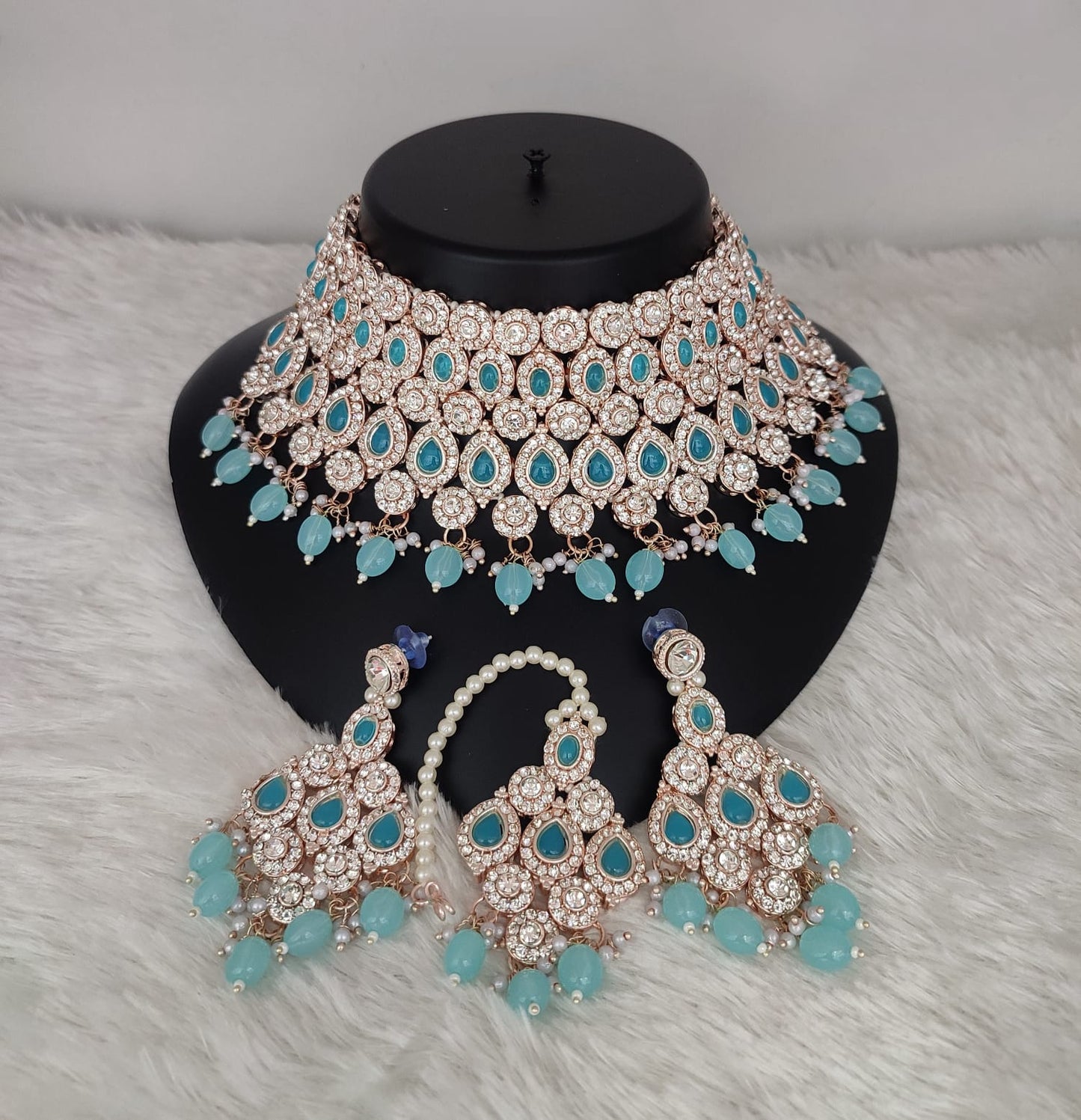 CZ Stone Rose Gold Plated Choker Jewellery Set