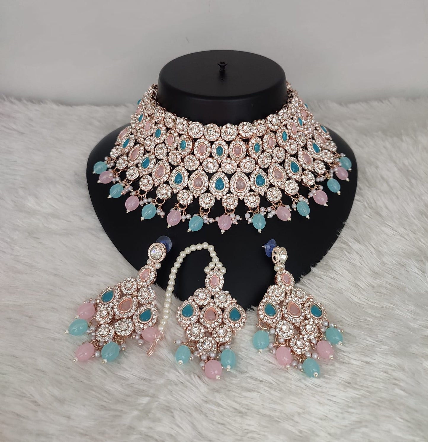 CZ Stone Rose Gold Plated Choker Jewellery Set