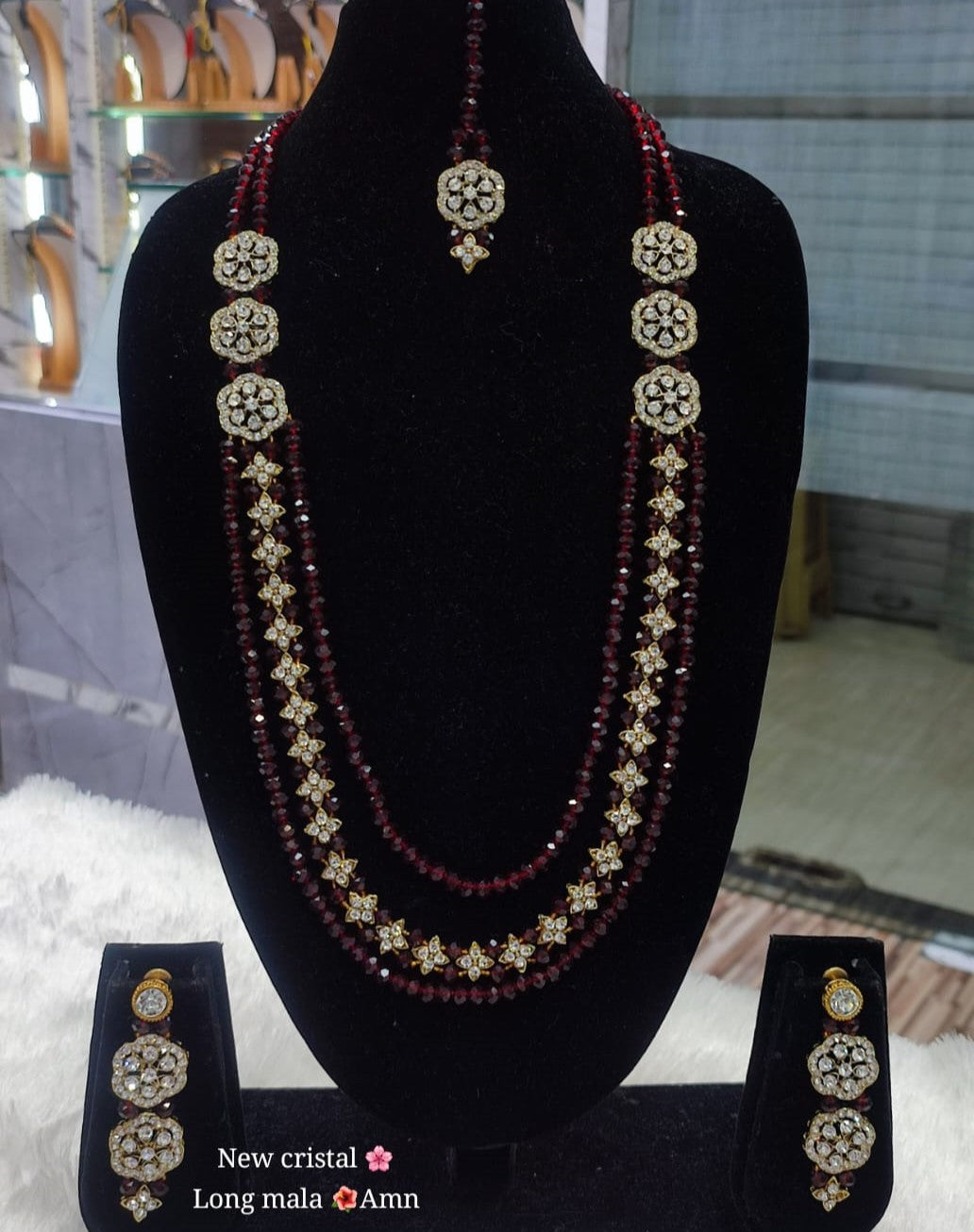 Elegant Crystal Rani Haar Jewellery Set with Matching Floral Drop Earrings and Tikka