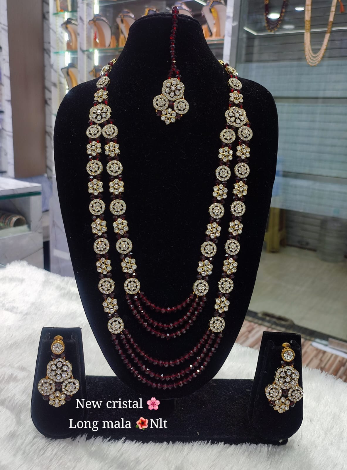 Gold Plated CZ Stone Pearl Long Mala Jewellery Set