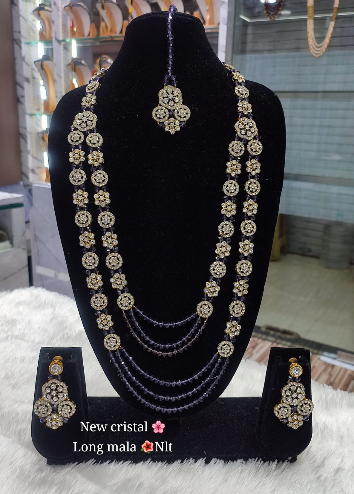 Gold Plated CZ Stone Pearl Long Mala Jewellery Set