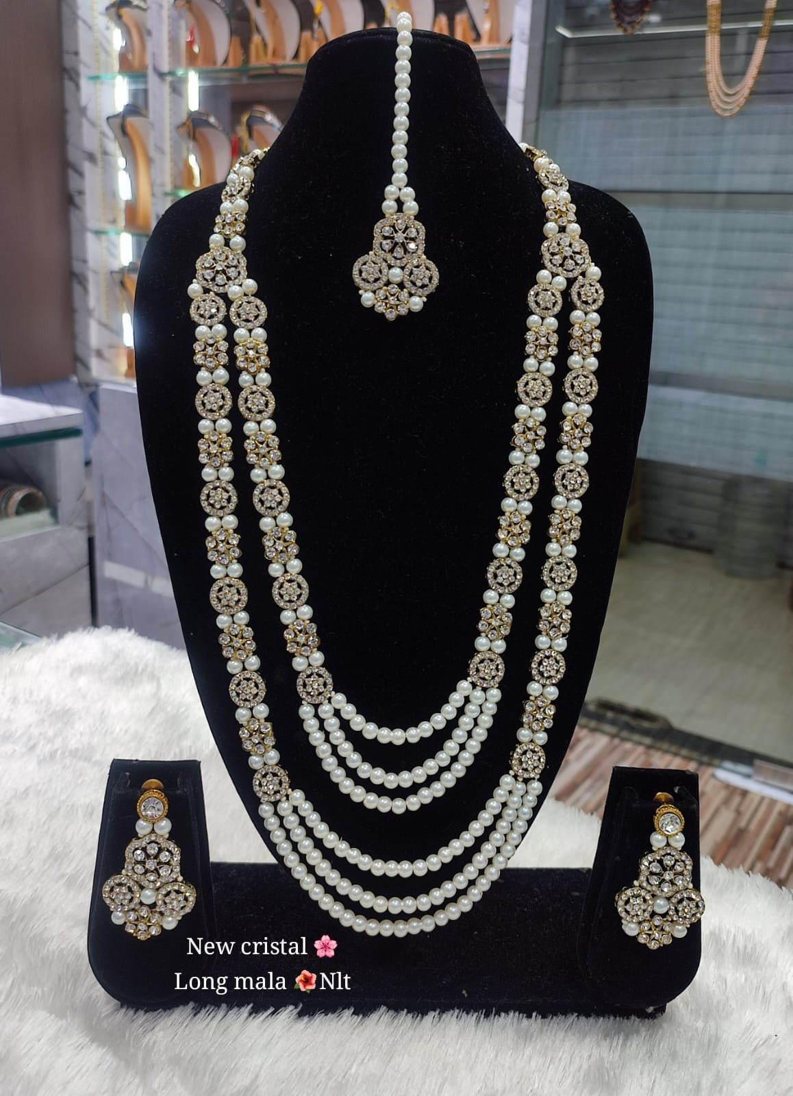 Gold Plated CZ Stone Pearl Long Mala Jewellery Set