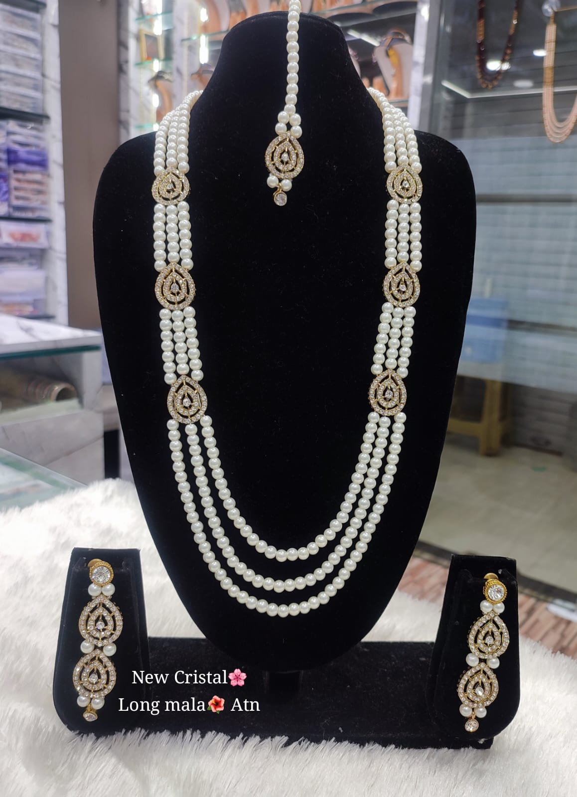 Gold Plated CZ Stone Pearl Long Jewellery Set